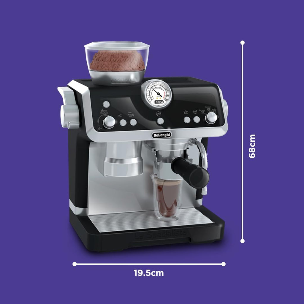 De'Longhi Toys Barista Coffee Machine. Toy Kitchen Playset for Kids with Moving Parts, Realistic Sounds and Magic Coffee Reveal. For Children Aged 3+, Silver, Black