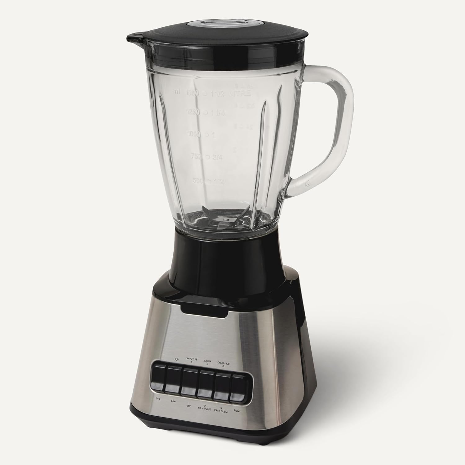 Powerful 700W Countertop Blender with 6-Cup (50 Fl. Oz) Glass Jar, 6 Pre-Programmed Functions, Ice Crush, Stainless Steel Blades, Black & Silver