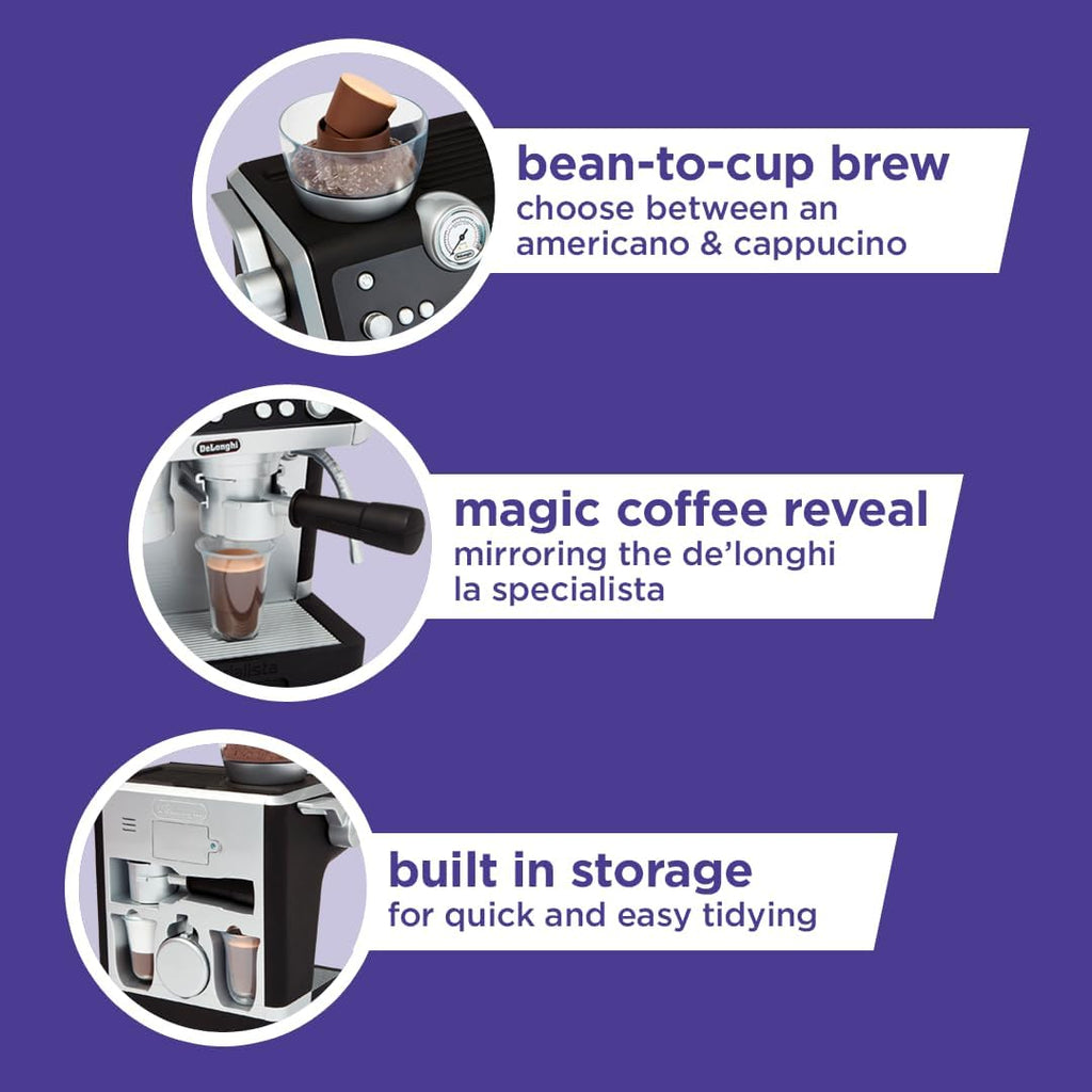 De'Longhi Toys Barista Coffee Machine. Toy Kitchen Playset for Kids with Moving Parts, Realistic Sounds and Magic Coffee Reveal. For Children Aged 3+, Silver, Black