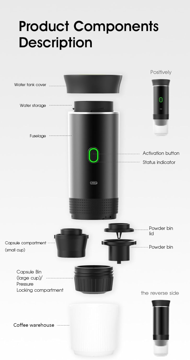 Wireless Portable Electric Coffee Maker with USB-C, Self-Heating, Rechargeable Espresso Coffee Machine for Travel, Camping, RV,Home,Office