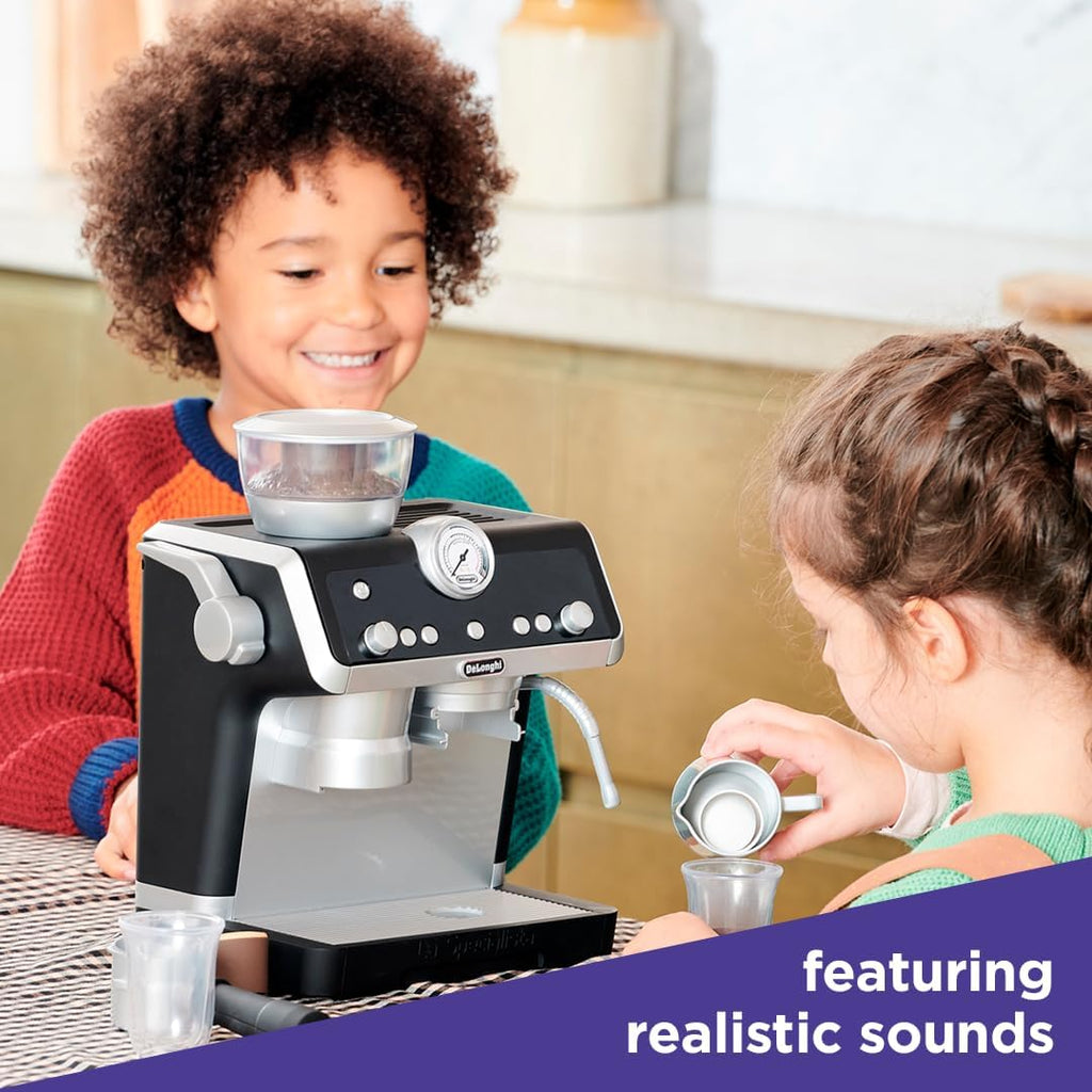 De'Longhi Toys Barista Coffee Machine. Toy Kitchen Playset for Kids with Moving Parts, Realistic Sounds and Magic Coffee Reveal. For Children Aged 3+, Silver, Black