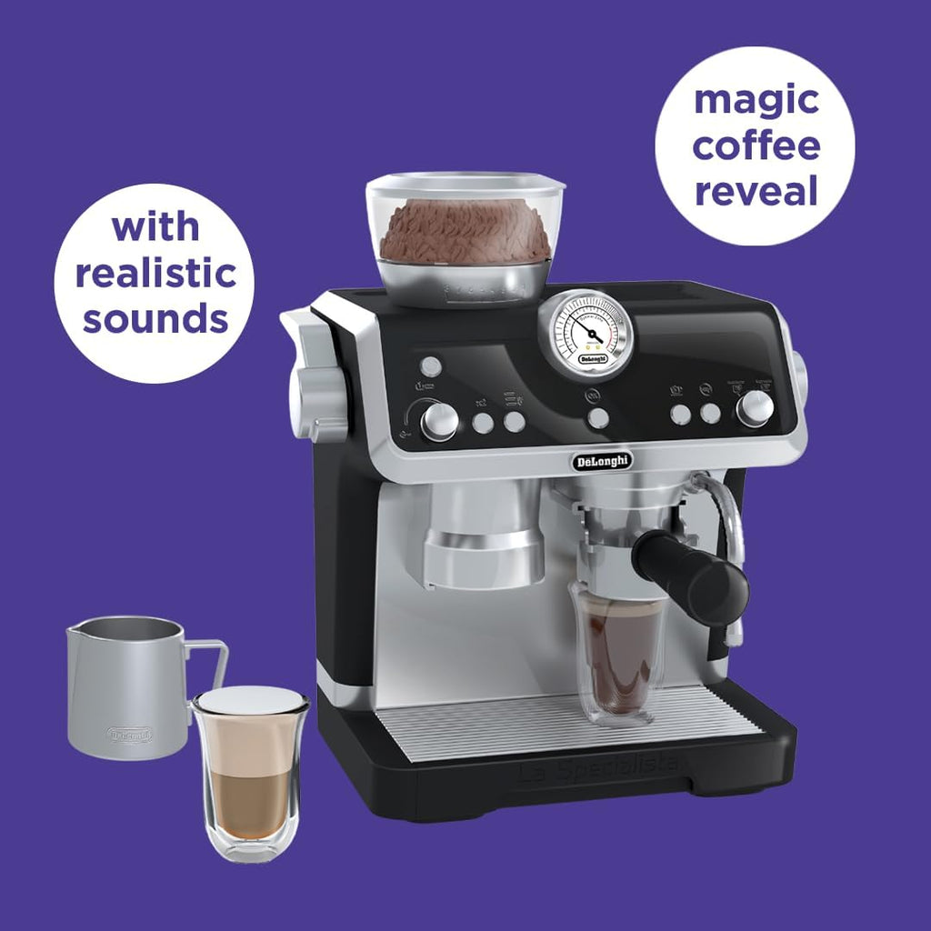 De'Longhi Toys Barista Coffee Machine. Toy Kitchen Playset for Kids with Moving Parts, Realistic Sounds and Magic Coffee Reveal. For Children Aged 3+, Silver, Black