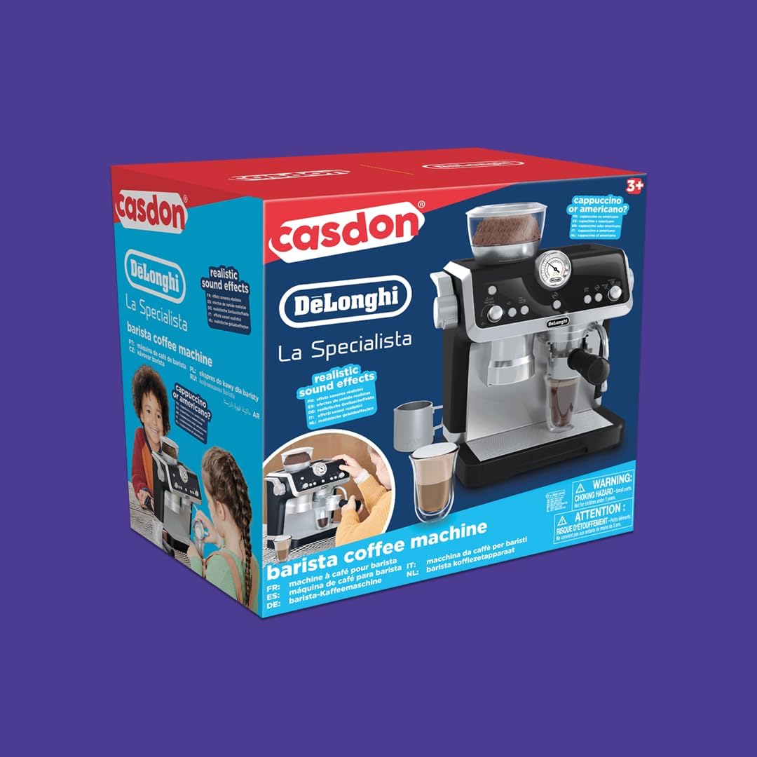 De'Longhi Toys Barista Coffee Machine. Toy Kitchen Playset for Kids with Moving Parts, Realistic Sounds and Magic Coffee Reveal. For Children Aged 3+, Silver, Black