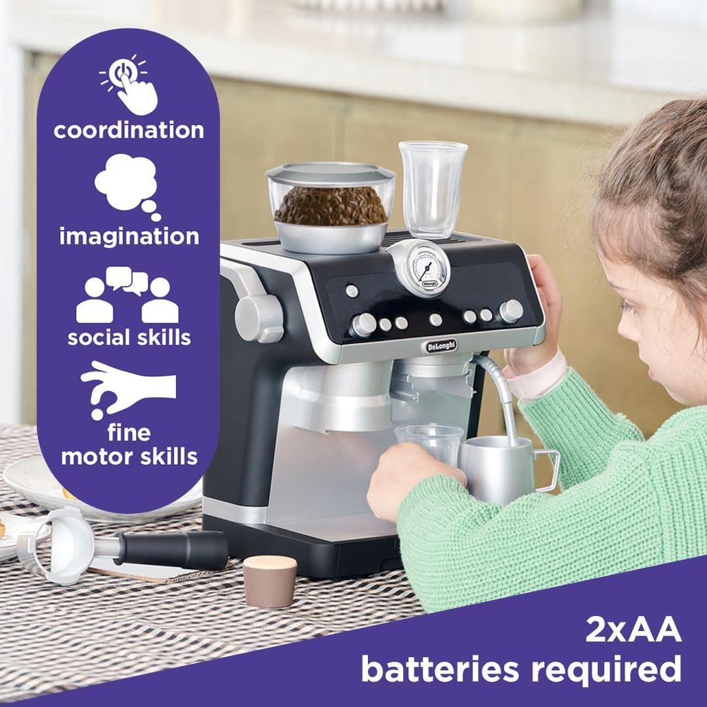 De'Longhi Toys Barista Coffee Machine. Toy Kitchen Playset for Kids with Moving Parts, Realistic Sounds and Magic Coffee Reveal. For Children Aged 3+, Silver, Black