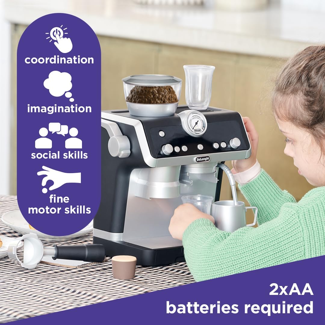 De'Longhi Toys Barista Coffee Machine. Toy Kitchen Playset for Kids with Moving Parts, Realistic Sounds and Magic Coffee Reveal. For Children Aged 3+, Silver, Black