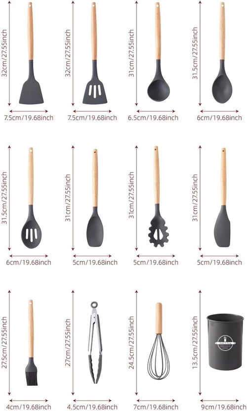 12PCS Silicone Kitchenware Set High Temperature Resistant Kitchenware Cooking Spoons Shovel Filters Egg Beaters NonStick Kitchenware with Storage Tanks Dishwasher Clean