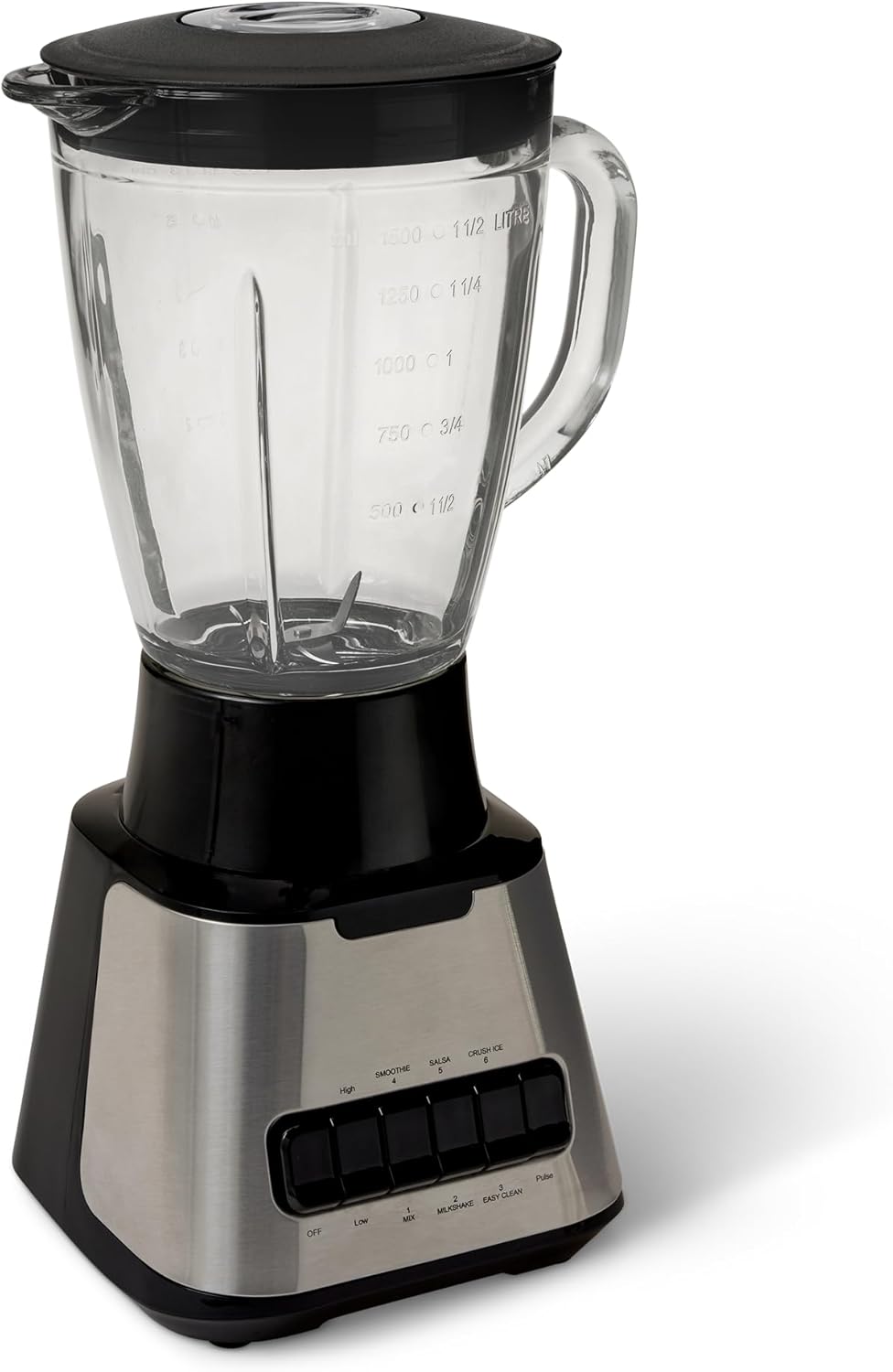 Powerful 700W Countertop Blender with 6-Cup (50 Fl. Oz) Glass Jar, 6 Pre-Programmed Functions, Ice Crush, Stainless Steel Blades, Black & Silver