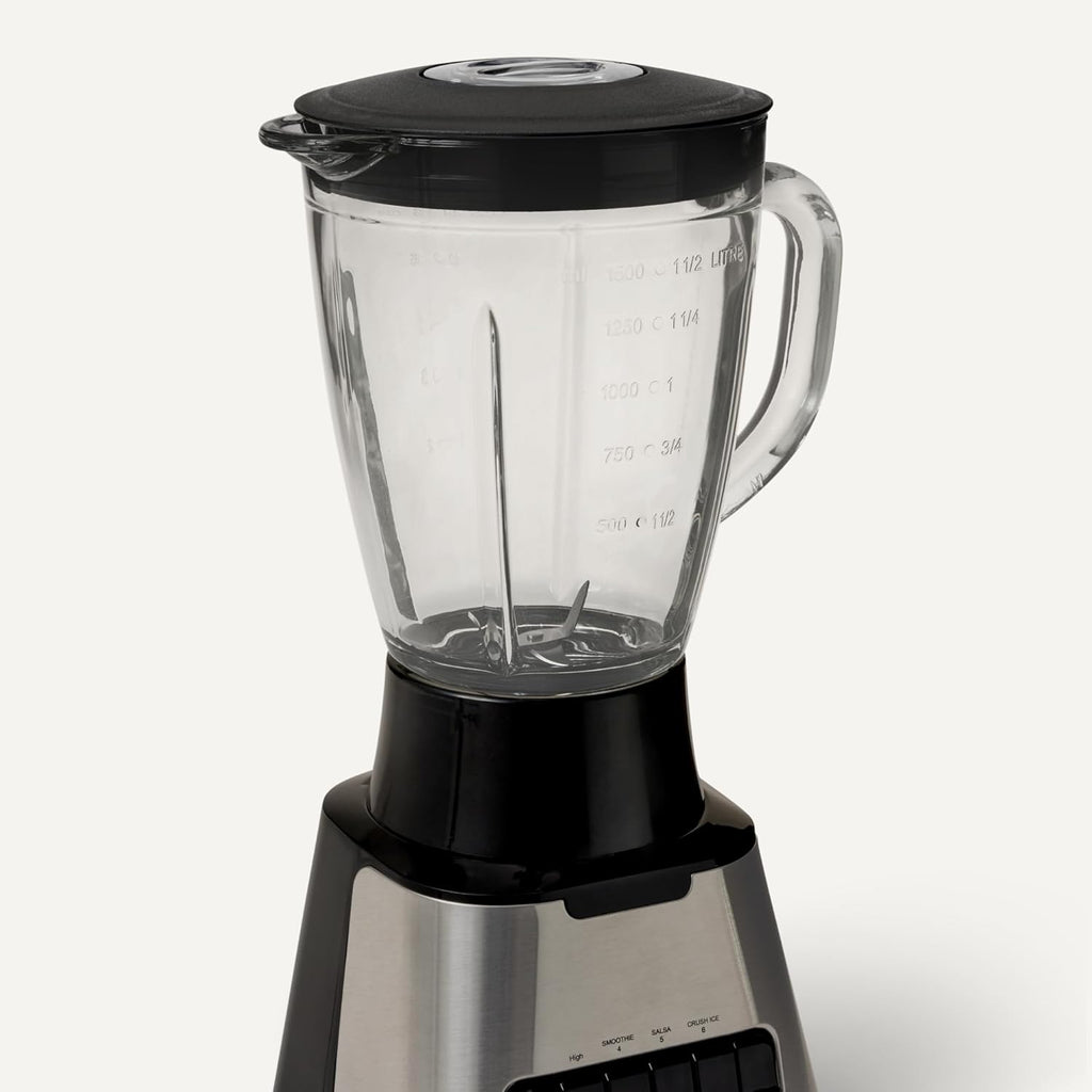 Powerful 700W Countertop Blender with 6-Cup (50 Fl. Oz) Glass Jar, 6 Pre-Programmed Functions, Ice Crush, Stainless Steel Blades, Black & Silver
