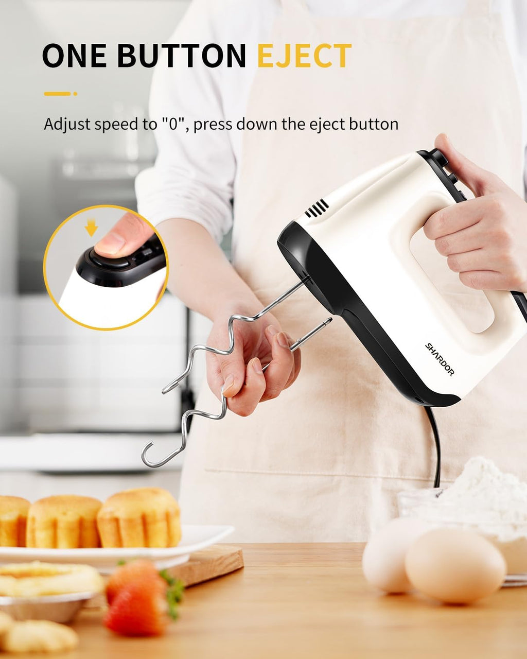 Hand Mixer Electric, 6 Speed & Turbo Mixer Electric Handheld, Snap-On Storage Case,5 Stainless Steel Accessories for Whipping, Mixing Cookies, Brownie, Cakes, Dough Batters, White