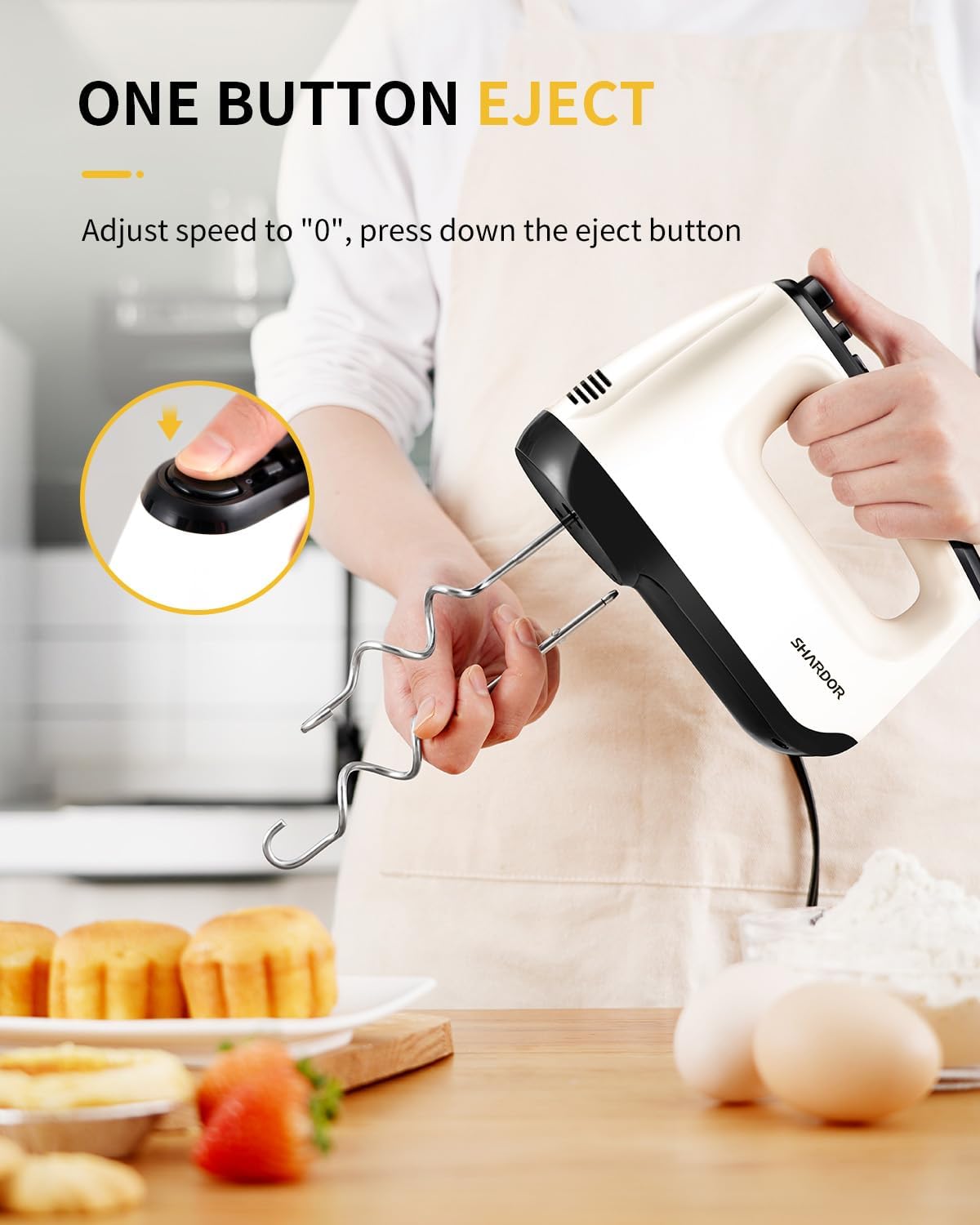 Hand Mixer Electric, 6 Speed & Turbo Mixer Electric Handheld, Snap-On Storage Case,5 Stainless Steel Accessories for Whipping, Mixing Cookies, Brownie, Cakes, Dough Batters, White