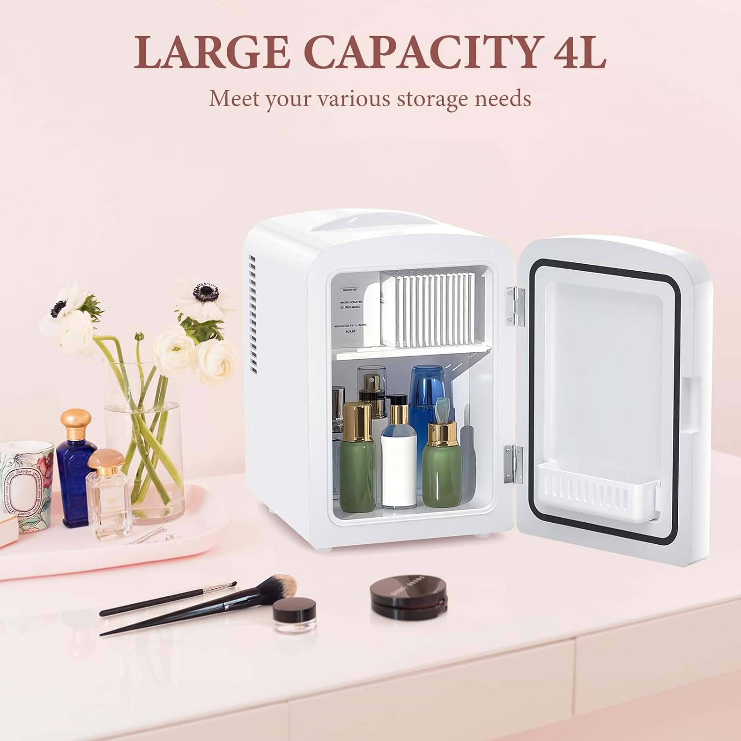 Mini Fridge, 4L Portable Small Refrigerator for Skincare, Cosmetics, Food & Drinks, Compact Refrigerator for Bedroom, Dorm, Car, Office