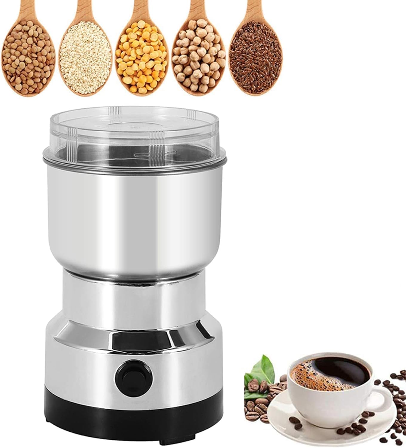 Spice Grinder, 150W Powerful Electric Coffee Bean Grinder with 4 Blades, 300ml Multi Function Mini Dry Grain Mill for Grain Nuts Seasoning Coffee Beans Spices
