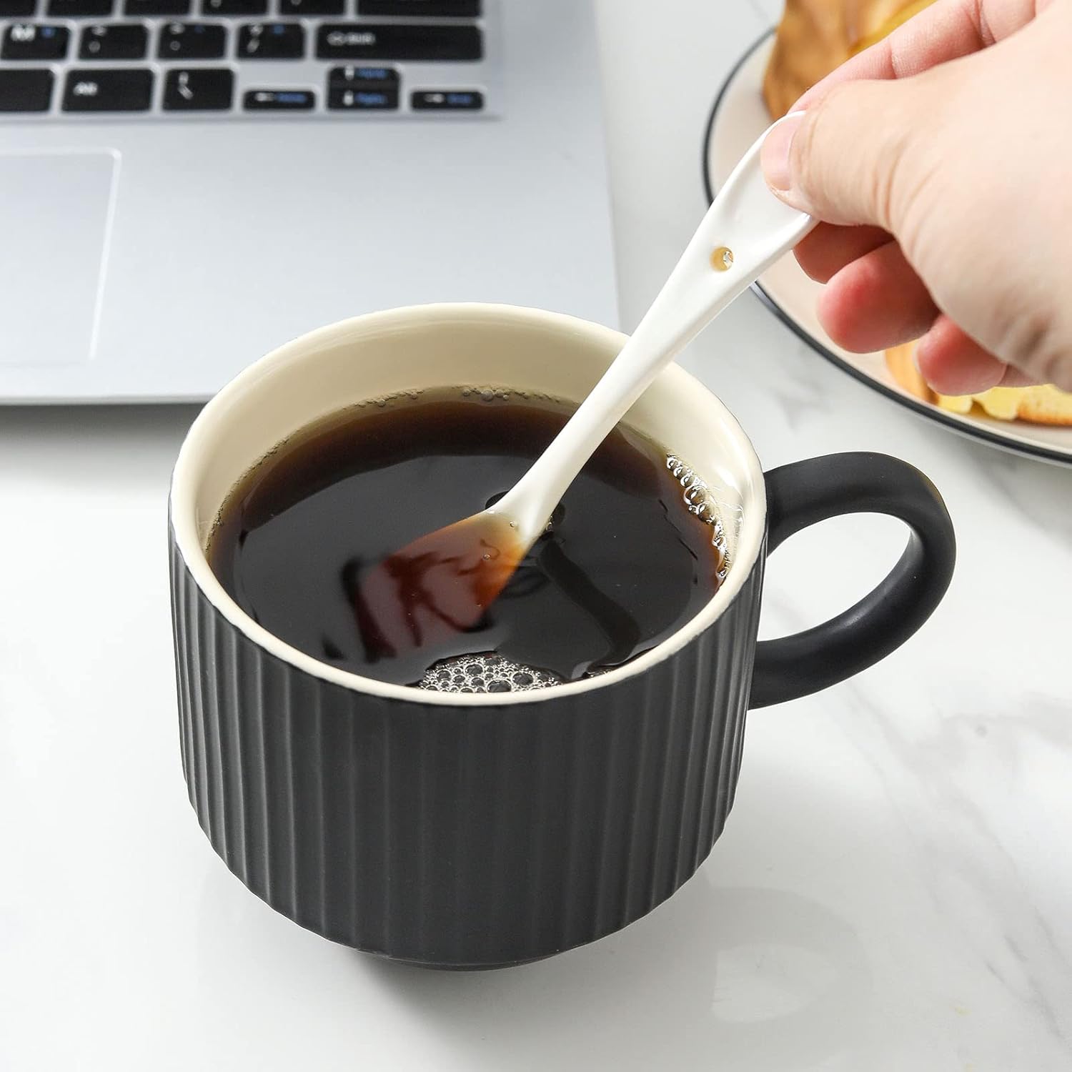 Coffee Mug Ceramic Set of 4 with Stand - 15 oz Stackable Large Porcelain Ribbed Latte Cup Set for Cappuccino, Tea, Hot Cocoa, Drinks - Dishwasher & Microwave Safe, Black