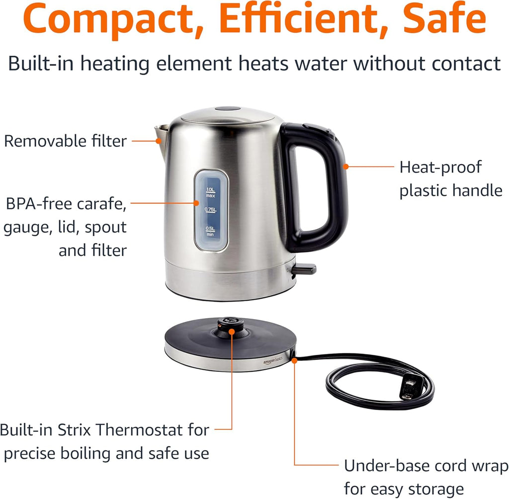 Electric Stainless Steel Kettle for Tea and Coffee, BPA-Free, Fast Boiling, Auto Shut-Off, 1 Liter, 1500W, Black and Silver