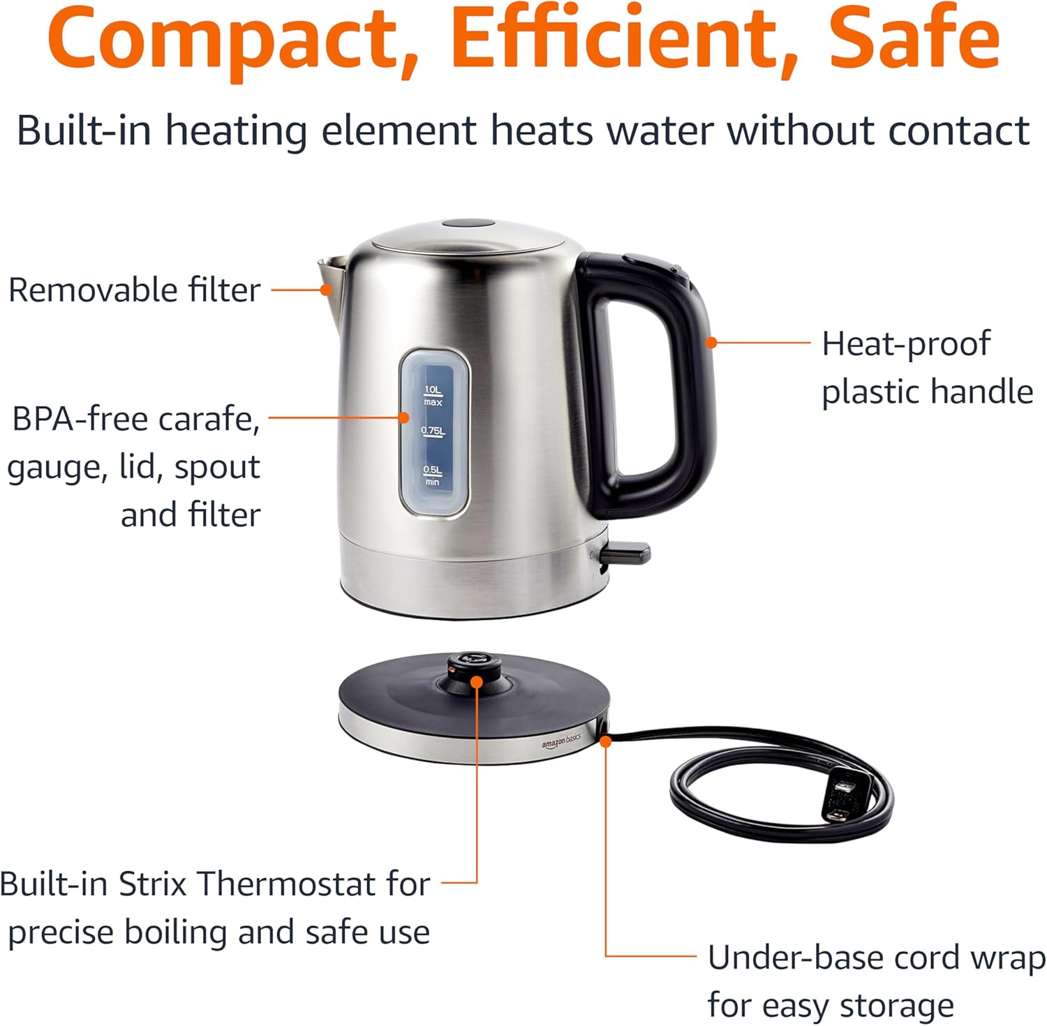 Electric Stainless Steel Kettle for Tea and Coffee, BPA-Free, Fast Boiling, Auto Shut-Off, 1 Liter, 1500W, Black and Silver
