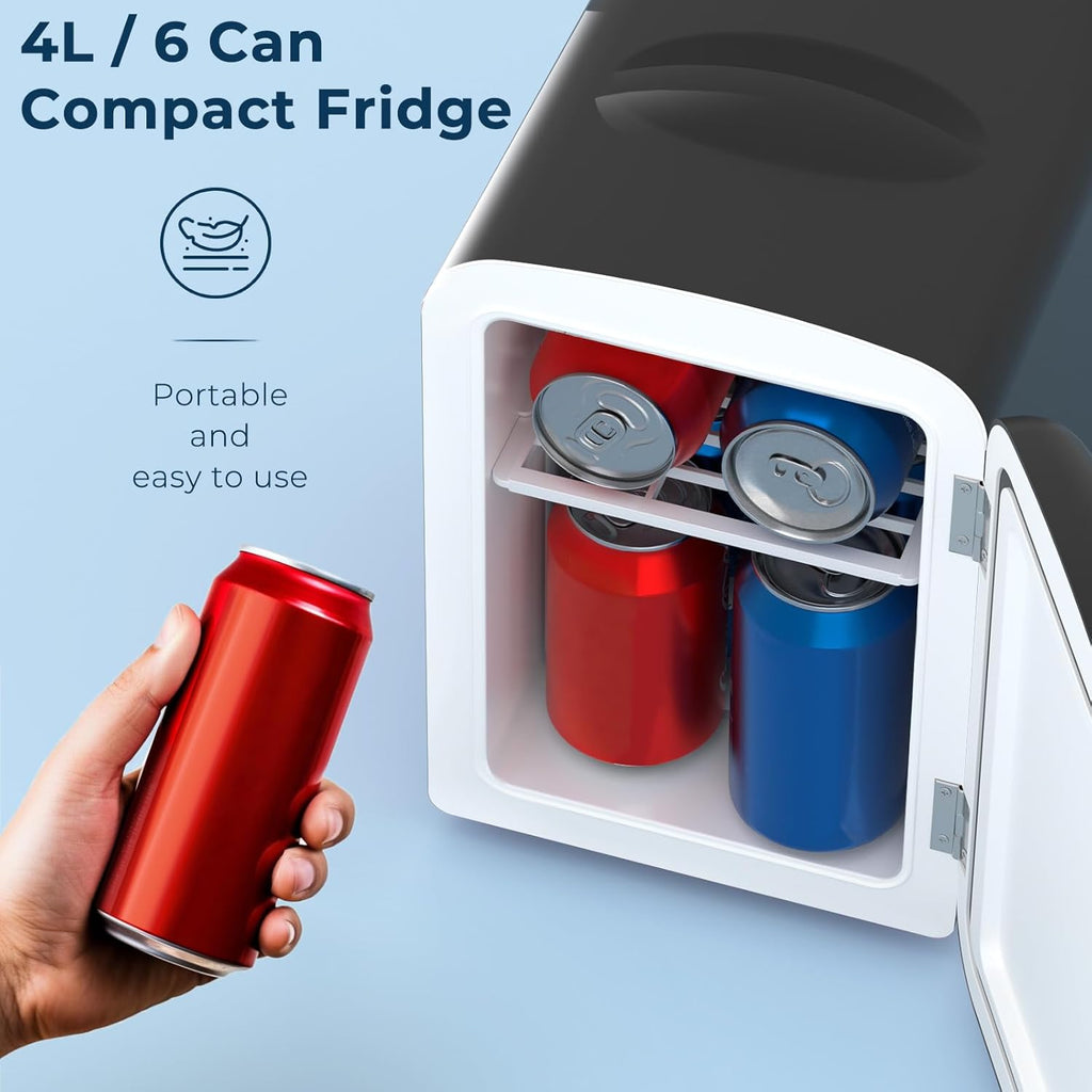 4L/6 Cans Compact Refrigerator,Portable Mini Fridge Skin Care,Cooler and Warmer for Bedroom,Car,Office & Dorm, Small Cooler for Cosmetics/Beverage/Food,BLACK
