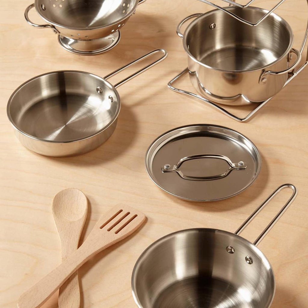 Stainless Steel Pots & Pans, 8 Piece Play Kitchen Set, Premium Play Kitchen Accessories & Cooking Utensils, Preschool Toys for Kids 3+