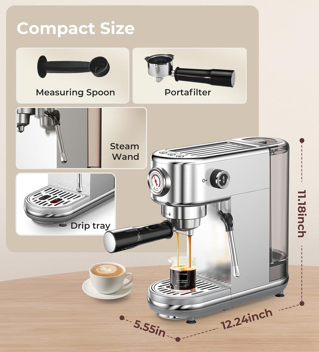 Machine with Milk Frother, 20 Bar Pressure Espresso Maker, with 44OZ Removable Tank, Compact Stainless Steel Coffee Machine for Home, Office, Latte, Cappuccino, Macchiato, Silver Visit the atatix Store