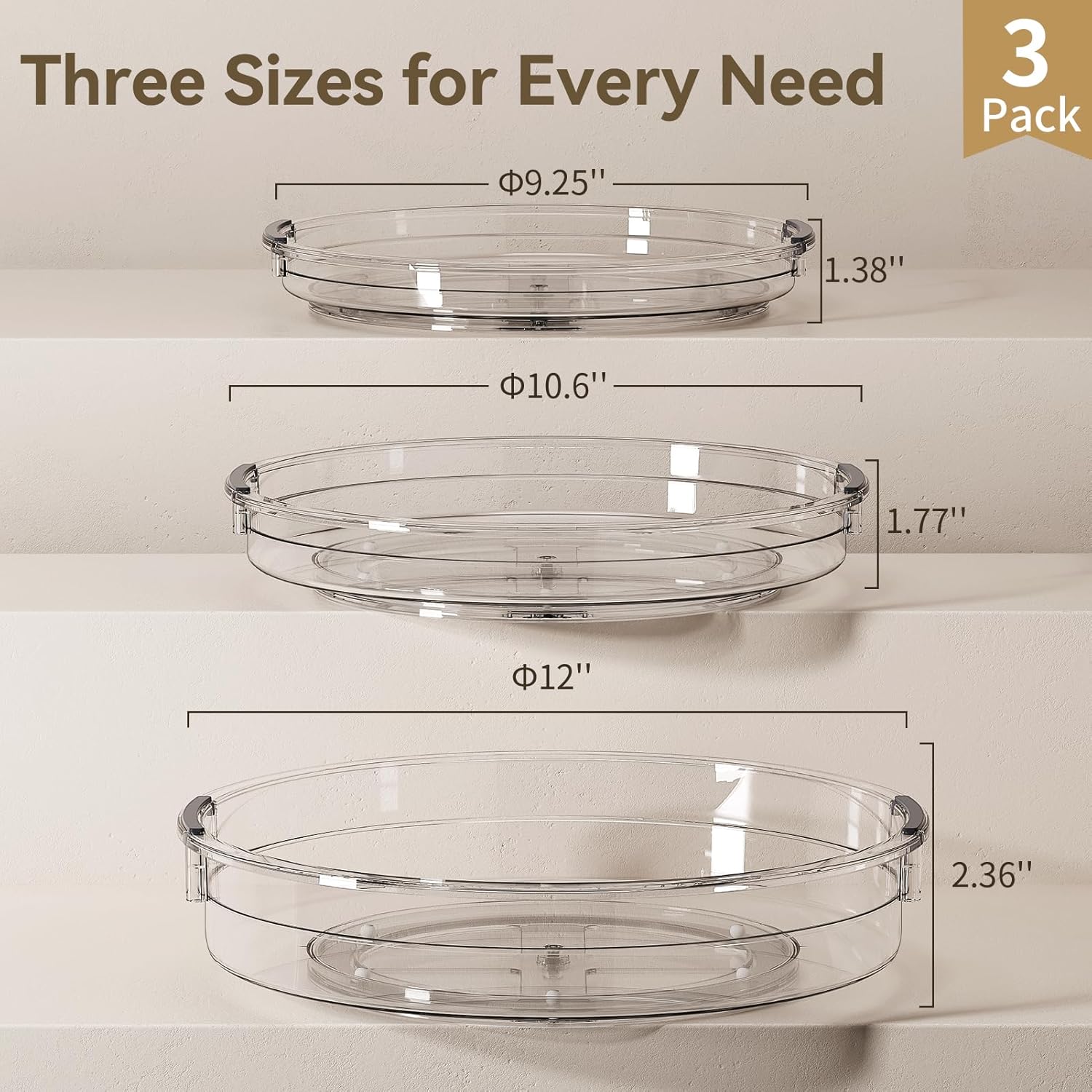 3 Pack Lazy Susan Organizer Turntable for Cabinet, Pantry Organizers and Storage, Rotating Condiment Organizer for Kitchen, Table Top, Fridge, Countertop, Spice Organization, 9.25'' 10.6'' 12''