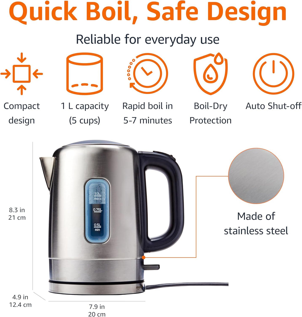 Electric Stainless Steel Kettle for Tea and Coffee, BPA-Free, Fast Boiling, Auto Shut-Off, 1 Liter, 1500W, Black and Silver
