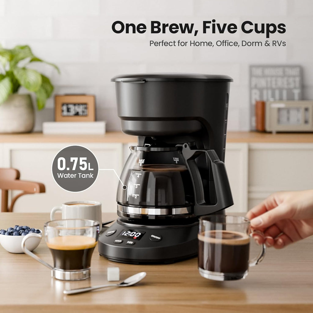 5-Cup Drip Coffee Machine with LED Display, Small Coffee Maker with Anti-Drip, Timer, Auto Shut-Off, Dry-Boil Protection, Removable Funnel, Compact, Ideal for Home & Office