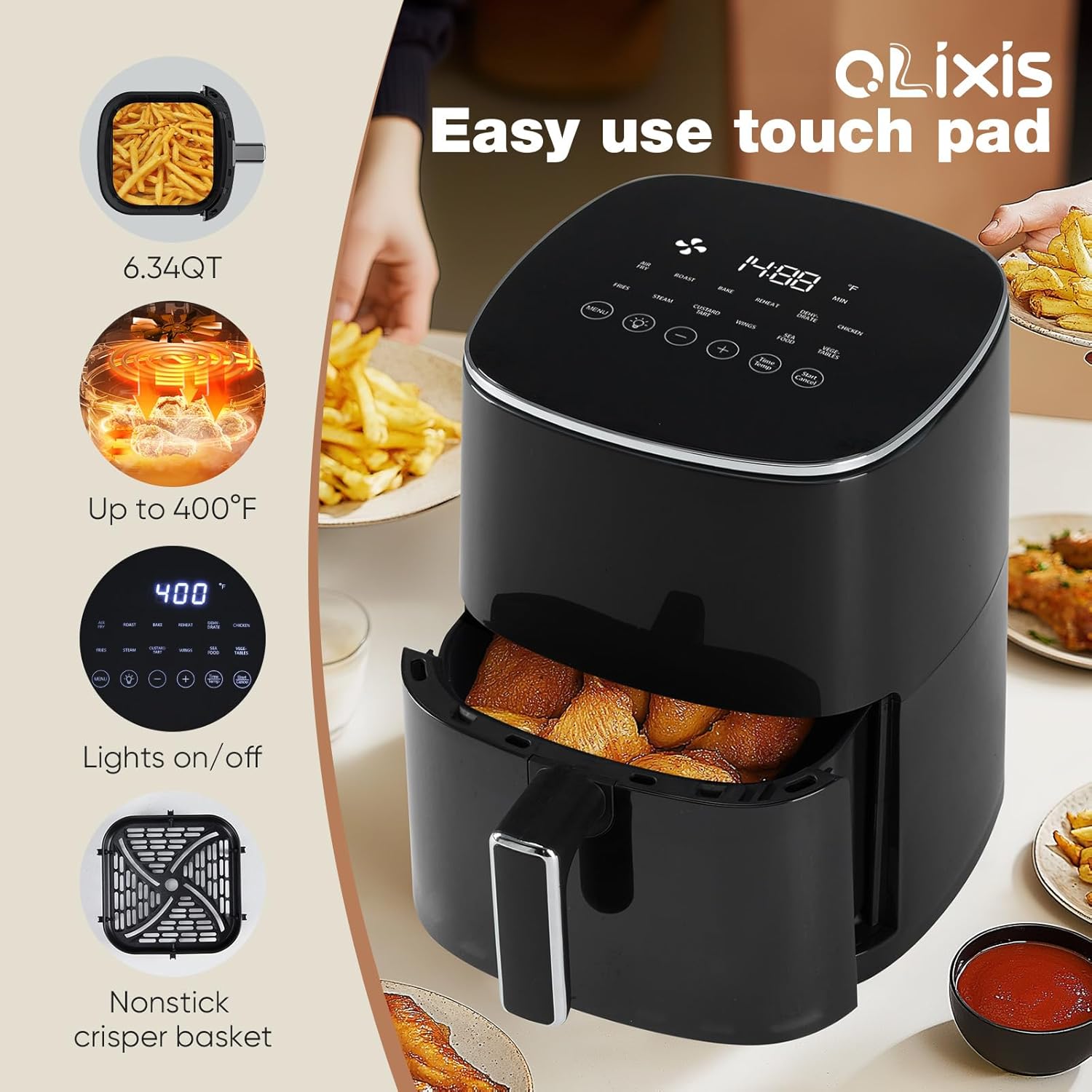 Air Fryer 6 Quart with Window Square Air Fryer 12-in-1 Air Fry, Roast, Reheat, Dehydrate, Bake, Steam, Fries, Custard, Chicken, Wings, Sea Food, Vegetabels,400F