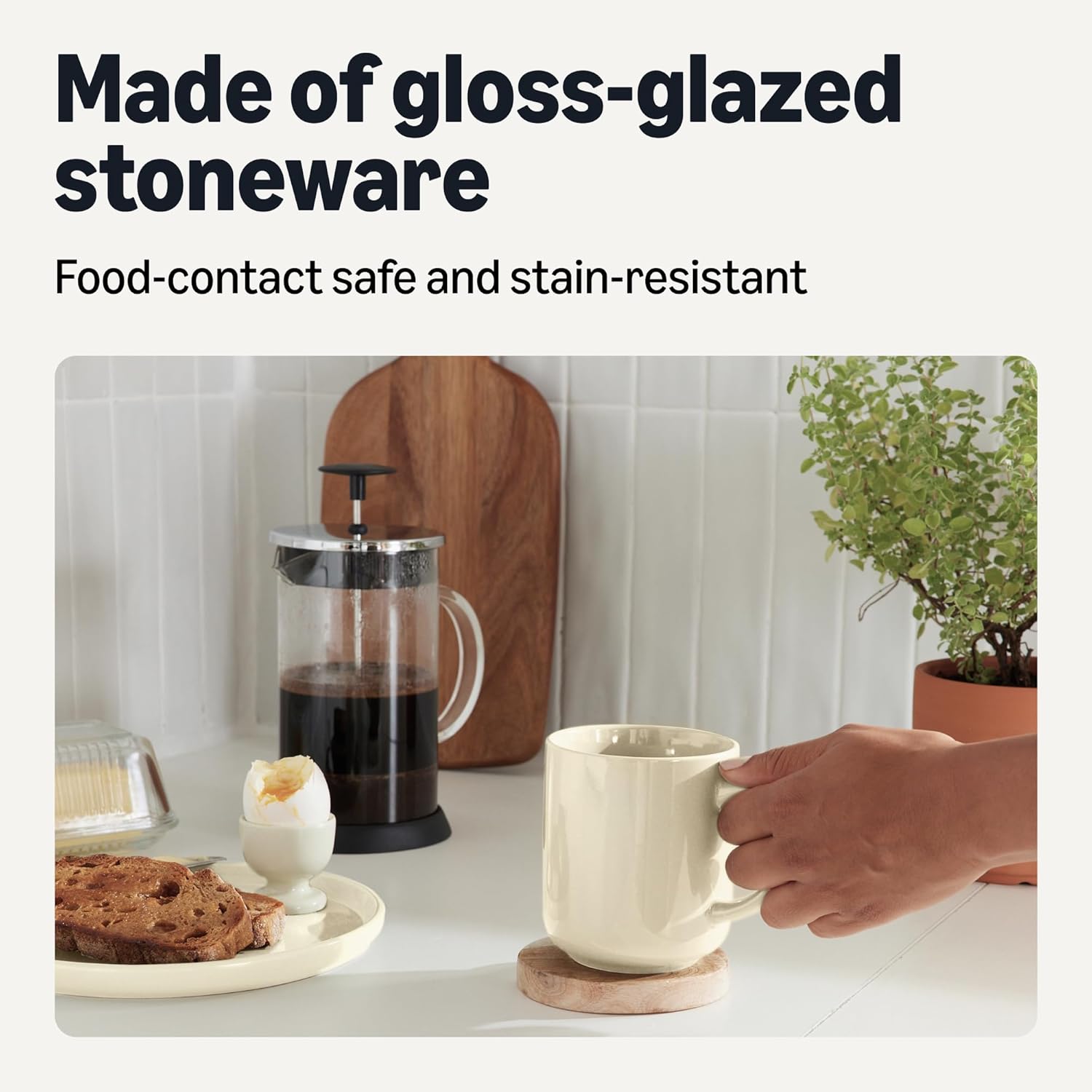 Glazed Stoneware Coffee Mugs, Ceramic 4-Piece Set, 16 oz, Microwave and Dishwasher-Safe, Ivory