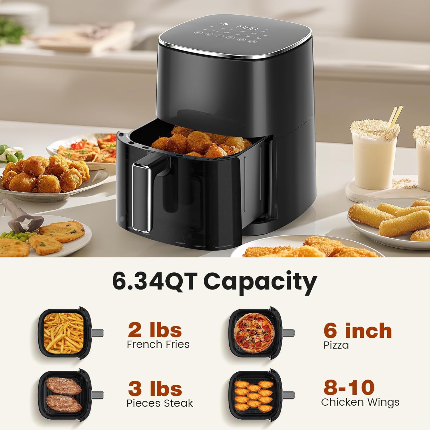 6QT Air Fryer with Window, Square Airfryer Oven 12-in-1 for Family, 400°F Rapid Air Crispy Technology, Roast Bake Dehydrate, Nonstick & Easy-Clean Basket