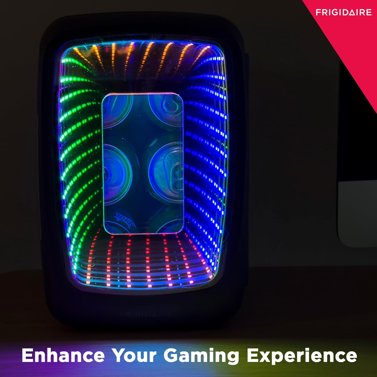 Gaming Light Up Mini Beverage Refrigerator, 6 can, 4 liters, Cooler with large see through door and LED lights Perfect for Gaming Experience, Home, Office, or Cars.12V Charger