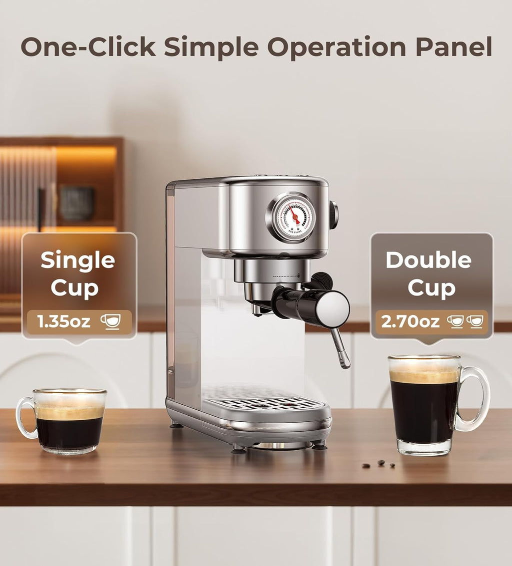 Machine with Milk Frother, 20 Bar Pressure Espresso Maker, with 44OZ Removable Tank, Compact Stainless Steel Coffee Machine for Home, Office, Latte, Cappuccino, Macchiato, Silver Visit the atatix Store