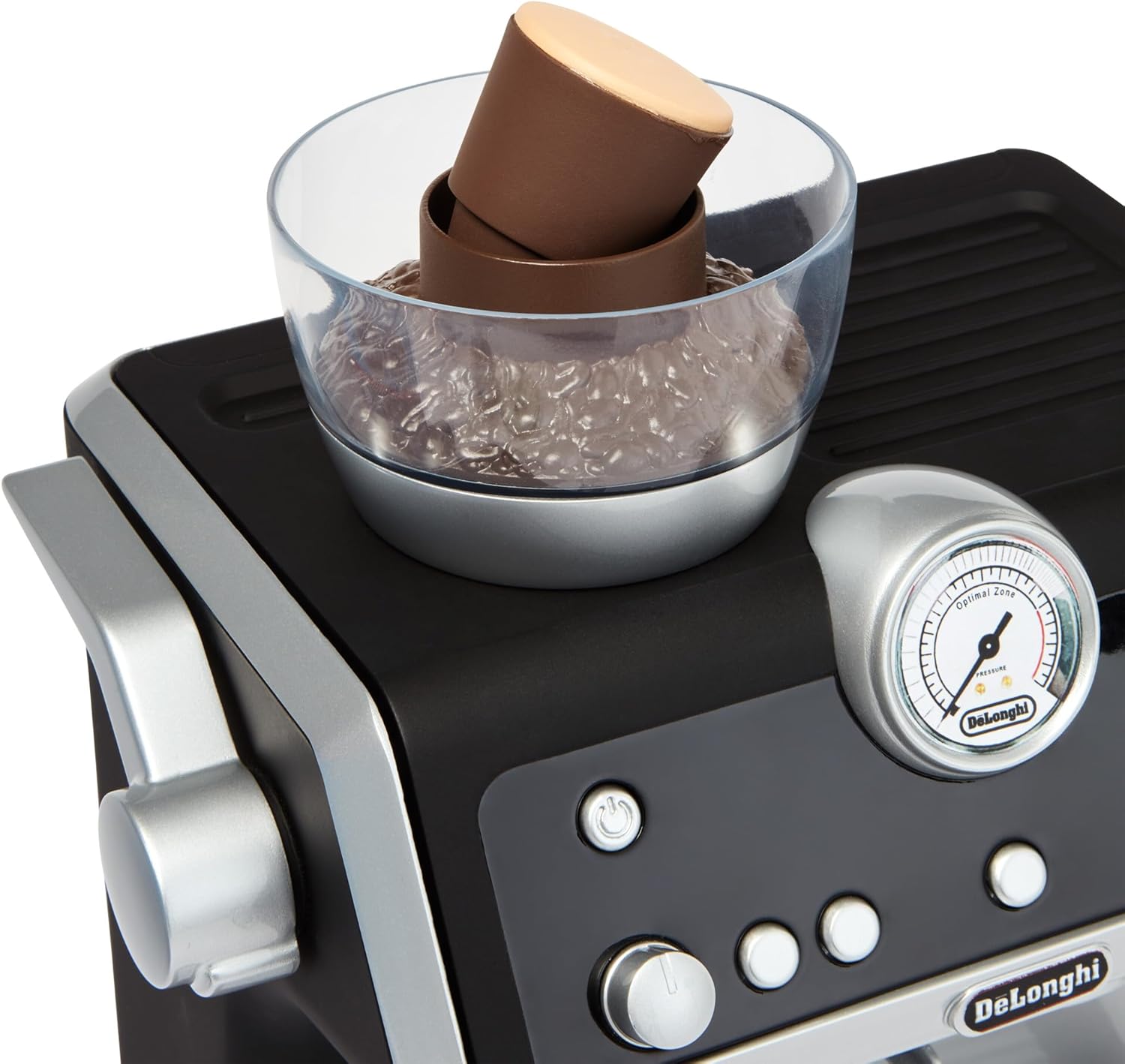 De'Longhi Toys Barista Coffee Machine. Toy Kitchen Playset for Kids with Moving Parts, Realistic Sounds and Magic Coffee Reveal. For Children Aged 3+, Silver, Black