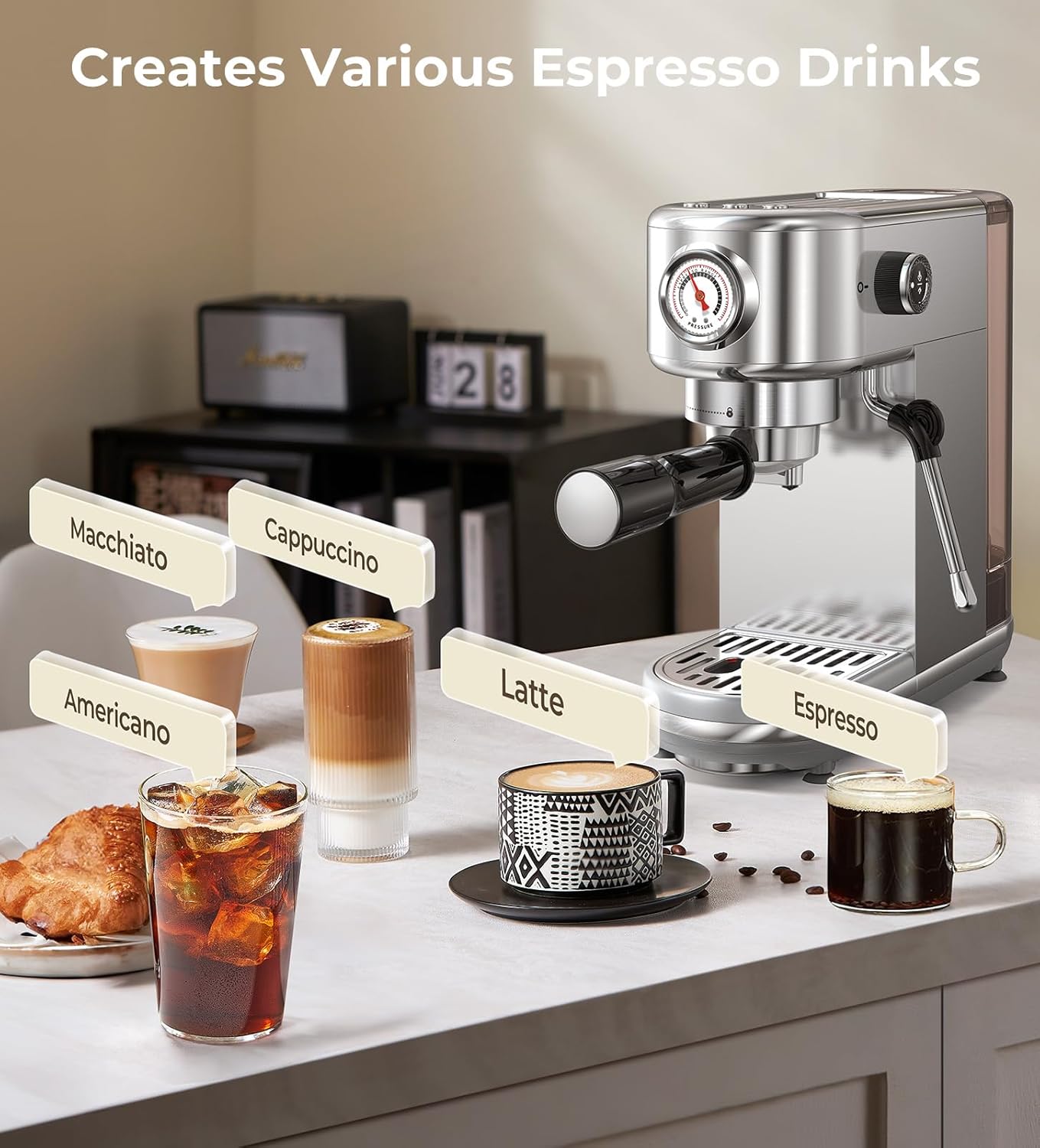Machine with Milk Frother, 20 Bar Pressure Espresso Maker, with 44OZ Removable Tank, Compact Stainless Steel Coffee Machine for Home, Office, Latte, Cappuccino, Macchiato, Silver Visit the atatix Store