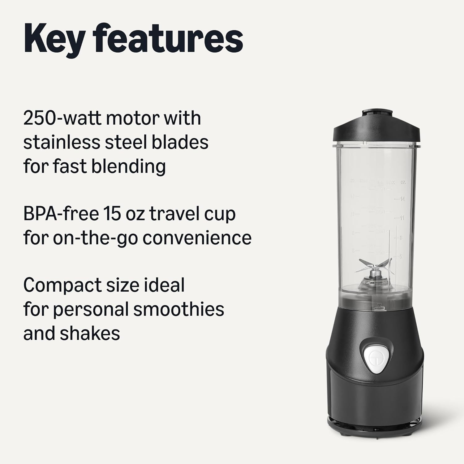 Portable Blender for Smoothies and Shakes with 250W Power,15 Oz BPA Free Travel Cup and Lid, Black