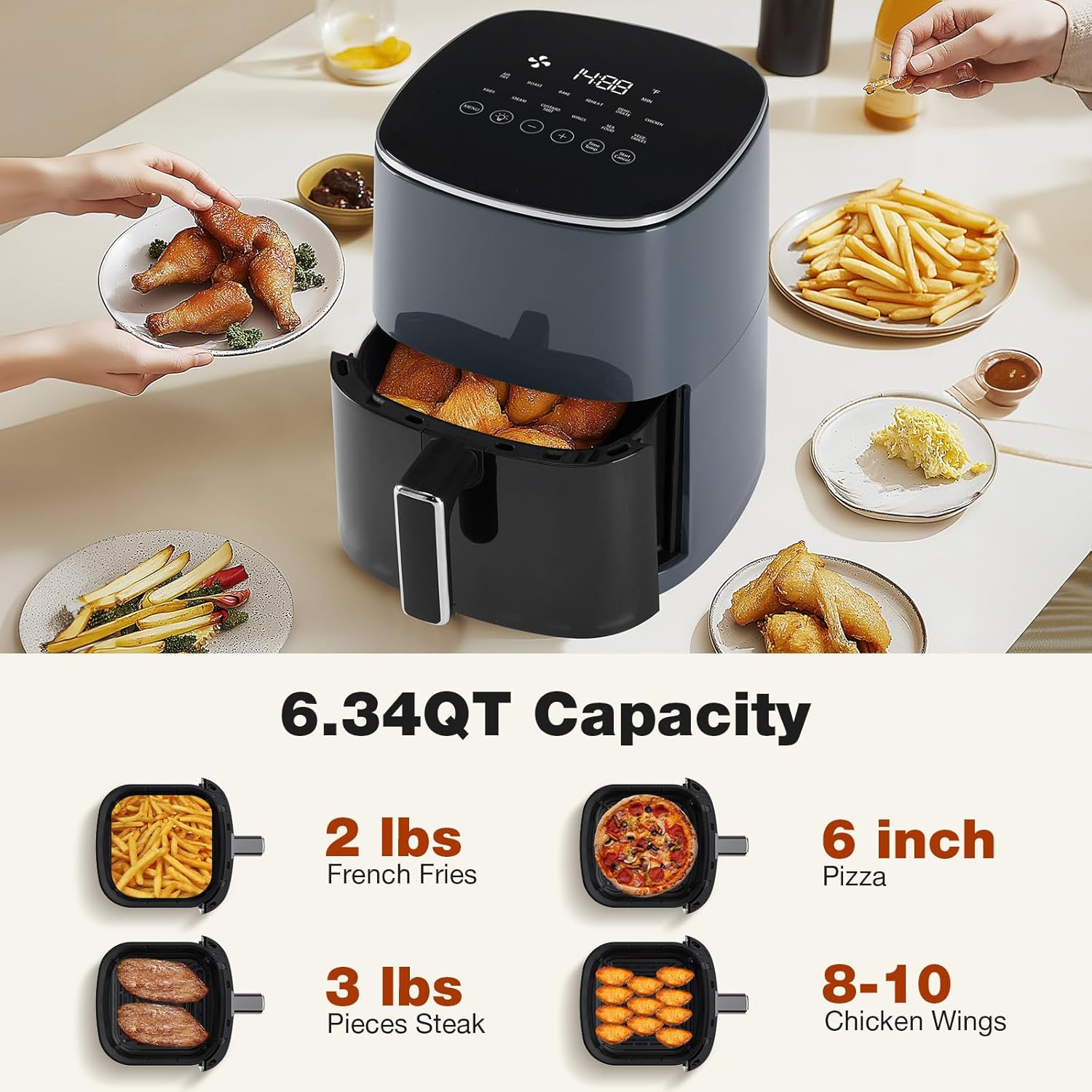Air Fryer 6 Quart with Window Square Air Fryer 12-in-1 Air Fry, Roast, Reheat, Dehydrate, Bake, Steam, Fries, Custard, Chicken, Wings, Sea Food, Vegetabels,400F