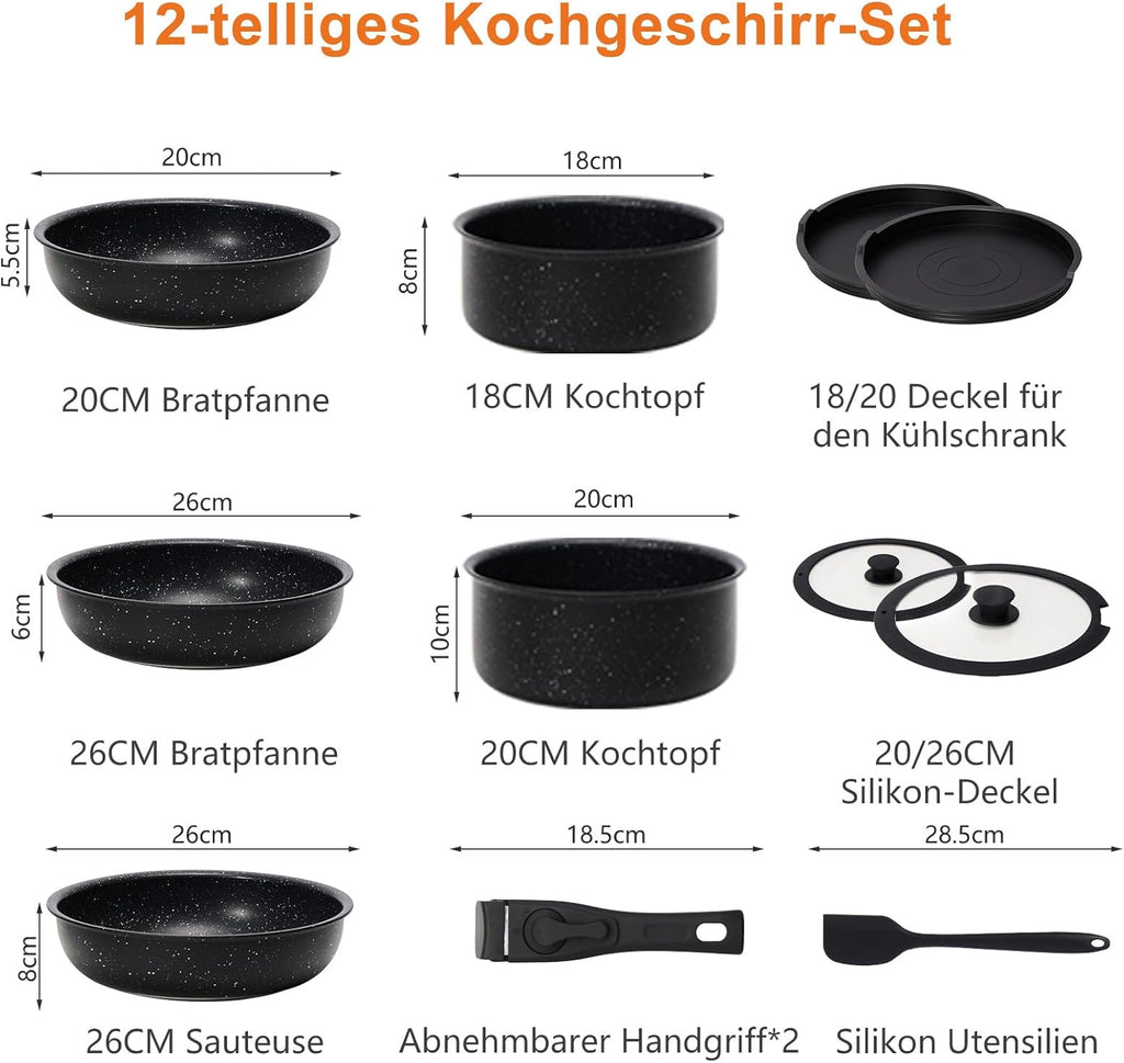 12 pcs Pots and Pans Set, Nonstick Kitchen Induction Cookware Suit with Detachable Handle, Dishwasher Oven Safe, Black