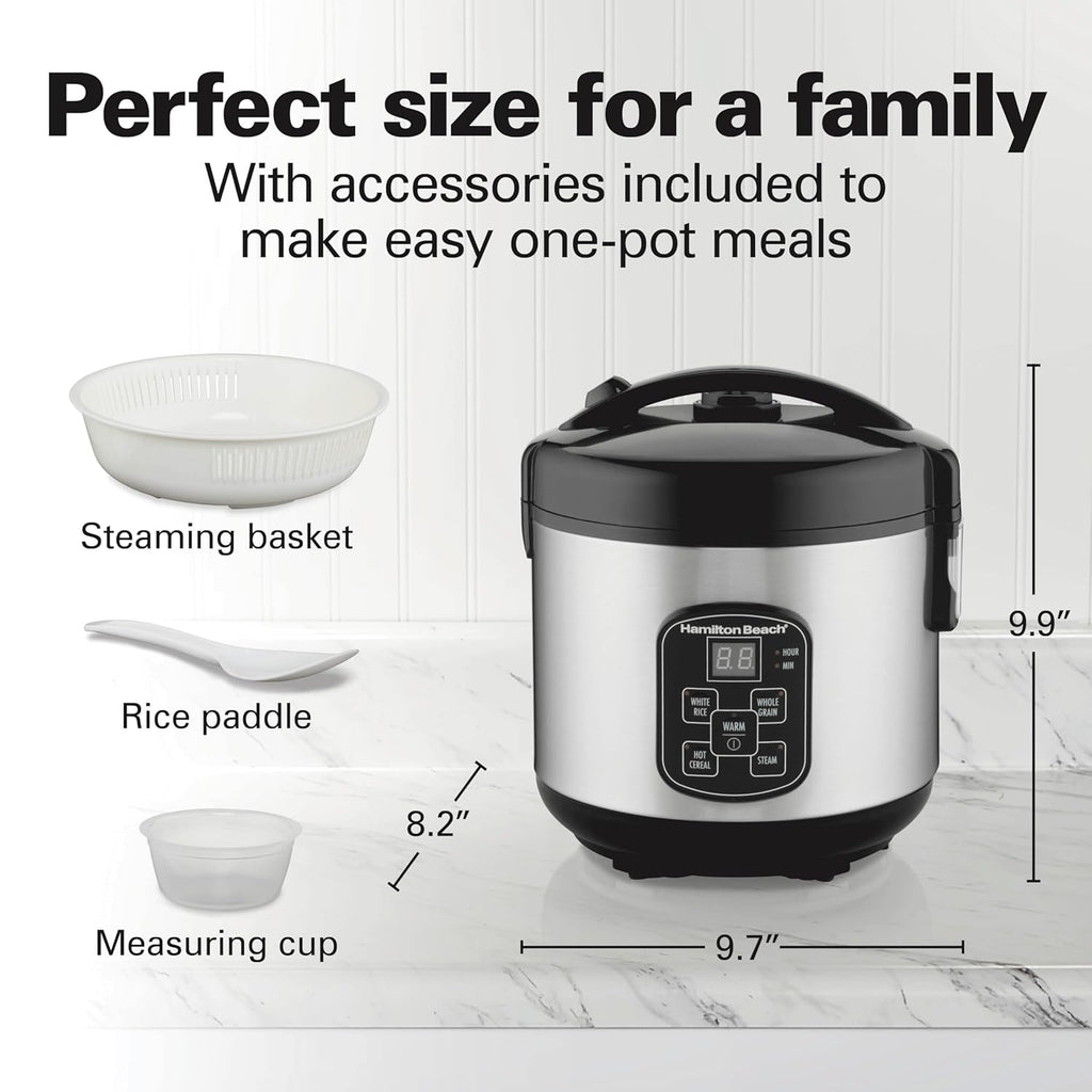 Digital Programmable Rice Cooker & Food Steamer, 8 Cups Cooked (4 Uncooked), With Steam & Rinse Basket, Stainless Steel