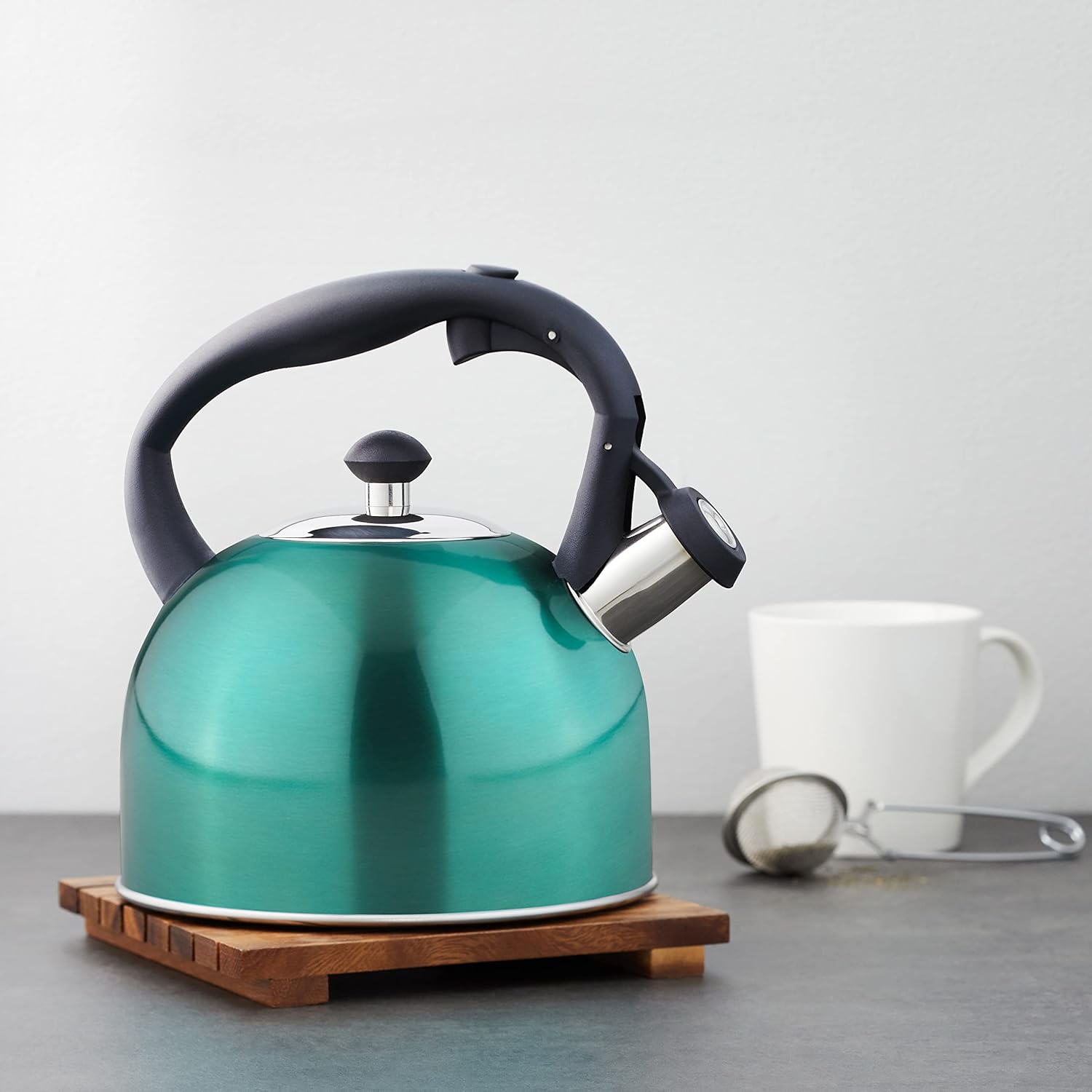 Stainless Steel Whistling Tea Kettle, Fast Boiling for Tea and Coffee, Food Grade, Ergonomic Handle, 2.3 Liter, Teal