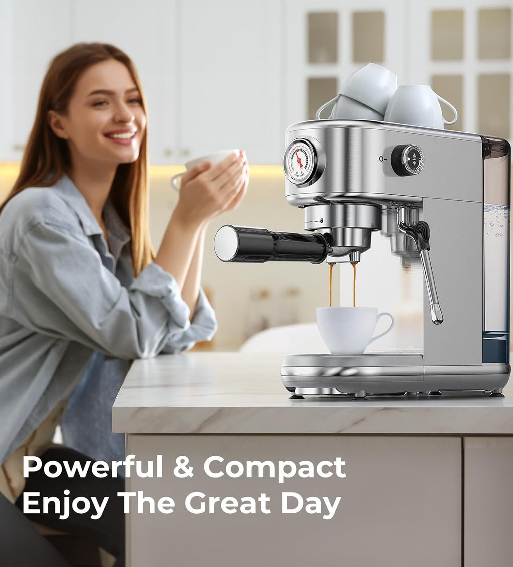 Machine with Milk Frother, 20 Bar Pressure Espresso Maker, with 44OZ Removable Tank, Compact Stainless Steel Coffee Machine for Home, Office, Latte, Cappuccino, Macchiato, Silver Visit the atatix Store