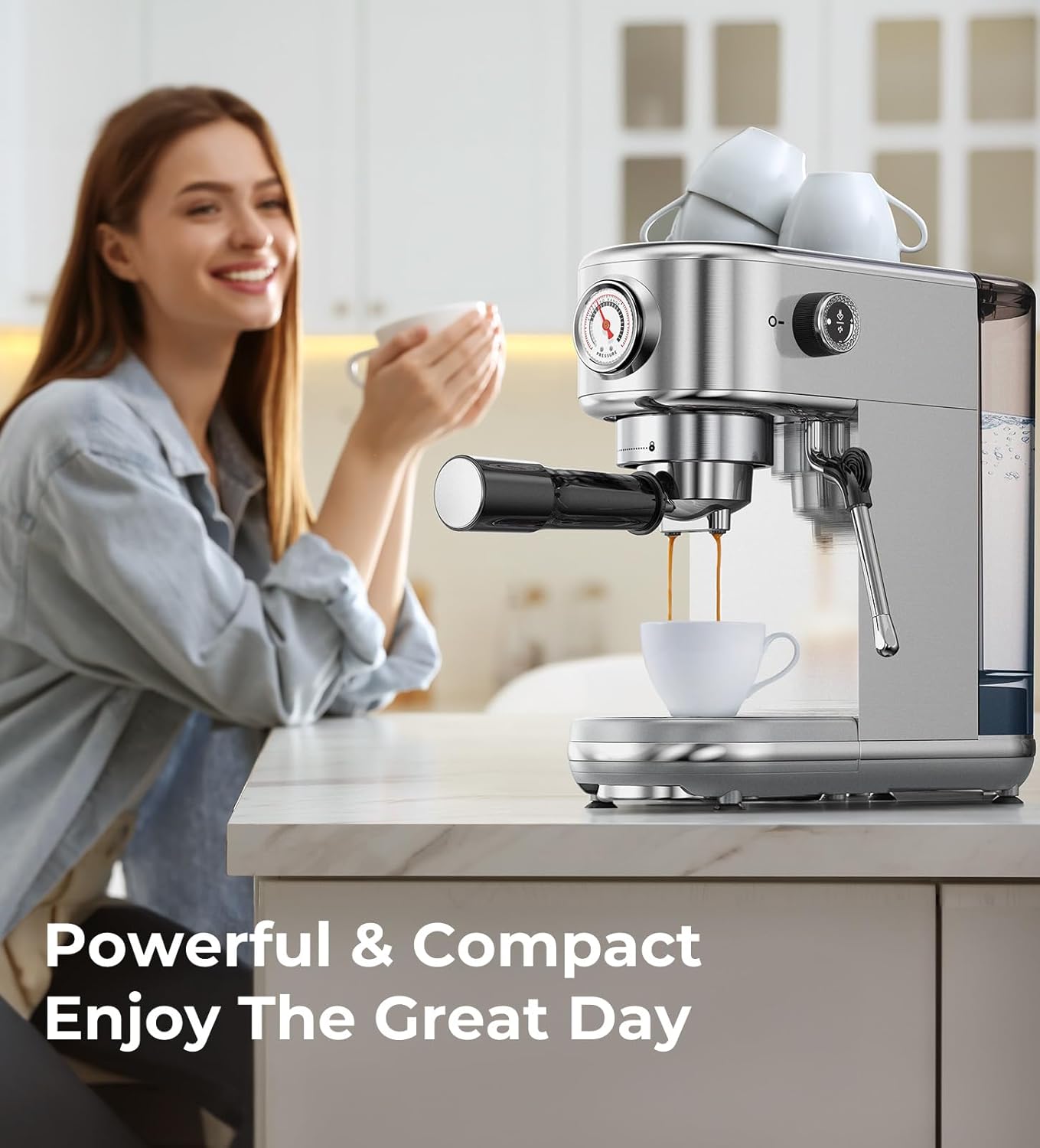 Machine with Milk Frother, 20 Bar Pressure Espresso Maker, with 44OZ Removable Tank, Compact Stainless Steel Coffee Machine for Home, Office, Latte, Cappuccino, Macchiato, Silver Visit the atatix Store