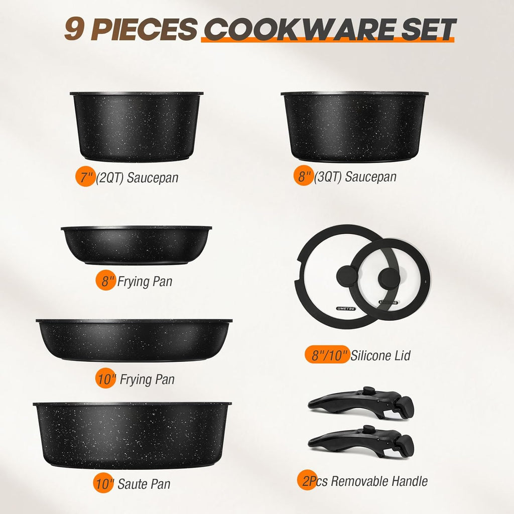 pots and Pans Set, Nonstick Cookware Set Detachable Handle, Induction Kitchen Cookware Sets with Removable Handle, Non Stick RV Cookware Set, Dishwasher ＆ Oven Safe (9 PCS)