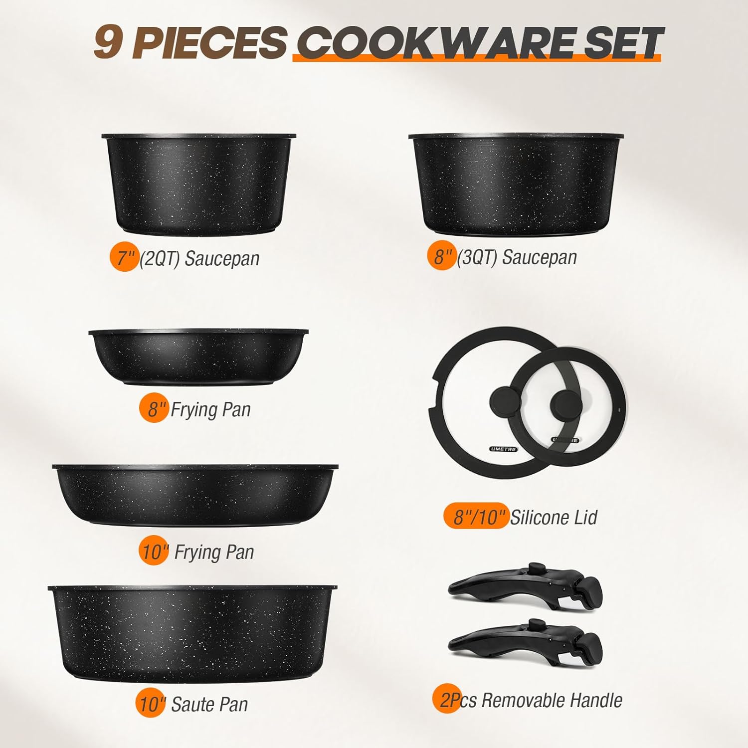 pots and Pans Set, Nonstick Cookware Set Detachable Handle, Induction Kitchen Cookware Sets with Removable Handle, Non Stick RV Cookware Set, Dishwasher ＆ Oven Safe (9 PCS)