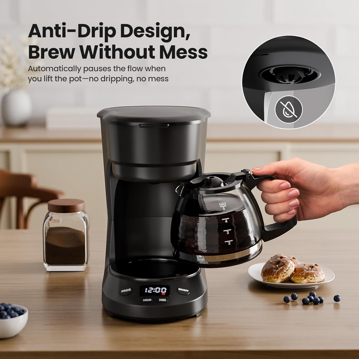 5-Cup Drip Coffee Machine with LED Display, Small Coffee Maker with Anti-Drip, Timer, Auto Shut-Off, Dry-Boil Protection, Removable Funnel, Compact, Ideal for Home & Office