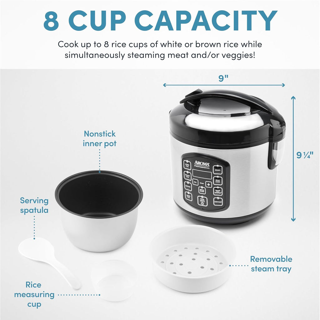 Professional Digital Rice Cooker, Multicooker, 4-Cup (Uncooked) / 8-Cup (Cooked), Steamer, Slow Cooker, Oatmeal Cooker, STS, Auto Keep Warm, 2 Qt, Stainless Steel
