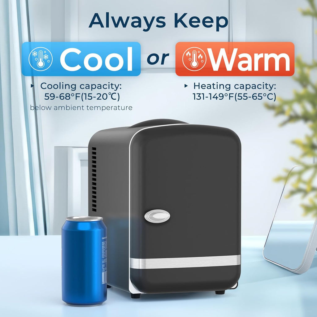 4L/6 Cans Compact Refrigerator,Portable Mini Fridge Skin Care,Cooler and Warmer for Bedroom,Car,Office & Dorm, Small Cooler for Cosmetics/Beverage/Food,BLACK