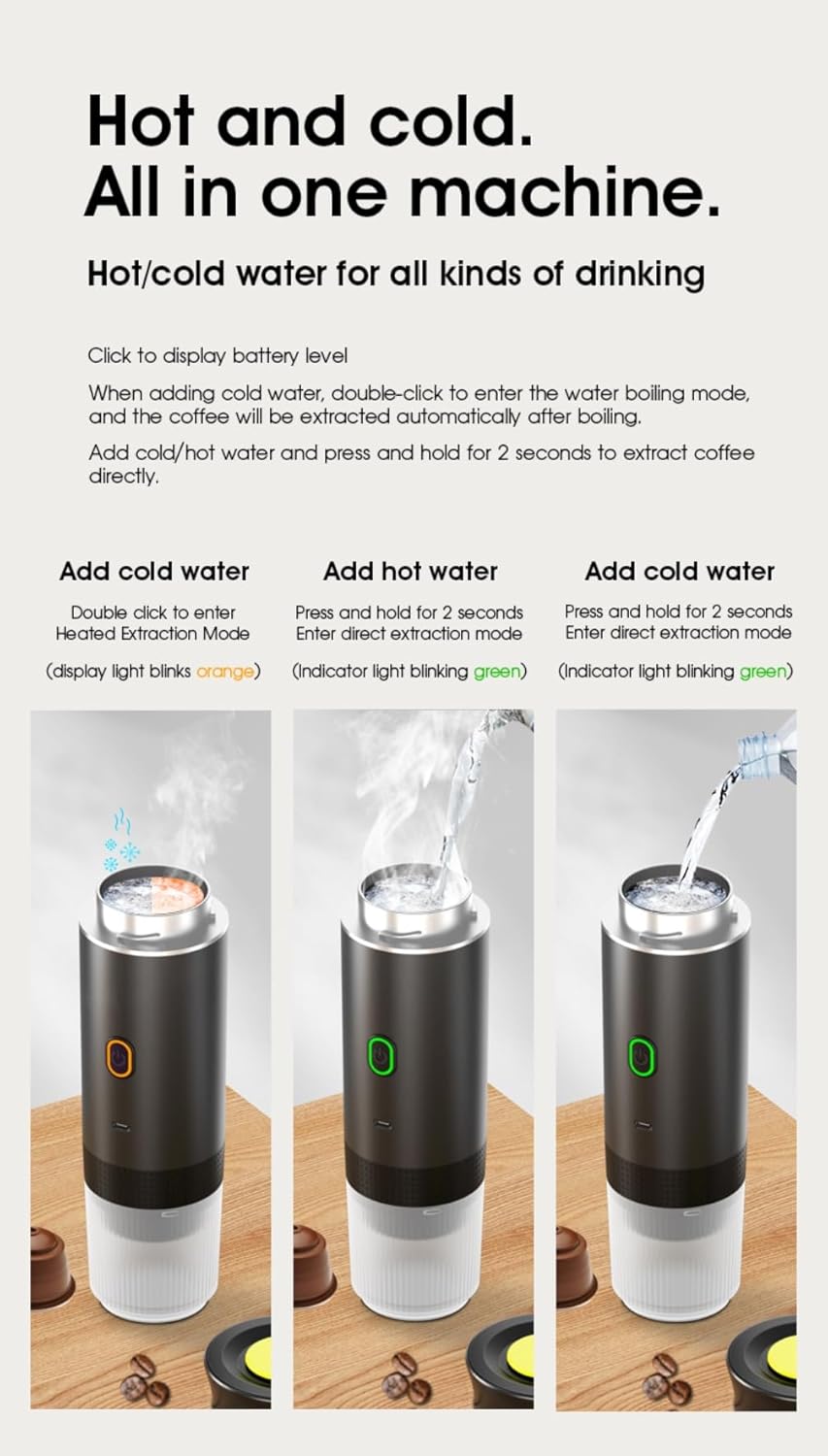 Wireless Portable Electric Coffee Maker with USB-C, Self-Heating, Rechargeable Espresso Coffee Machine for Travel, Camping, RV,Home,Office