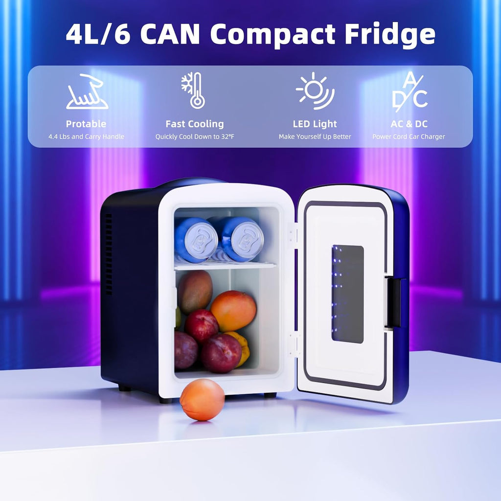 Mini Compact Refrigerator with Gaming Light, 4L Capacity/6 Cans Portable Mini Fridge, for Bedroom,Car,Office and Dorm, Small Cooler for Cosmetics, Beverage and Food