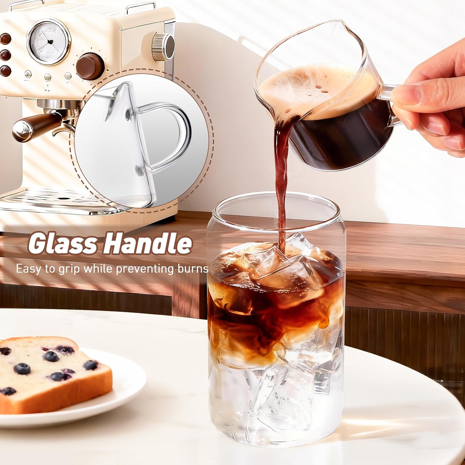 Espresso Cups Set of 2: Espresso Machine Accessories - Espresso Shot Cups for Home Baristas - Essential Coffee Bar Accessories - 4oz Glass Espresso Cup Set with Handled and Spout