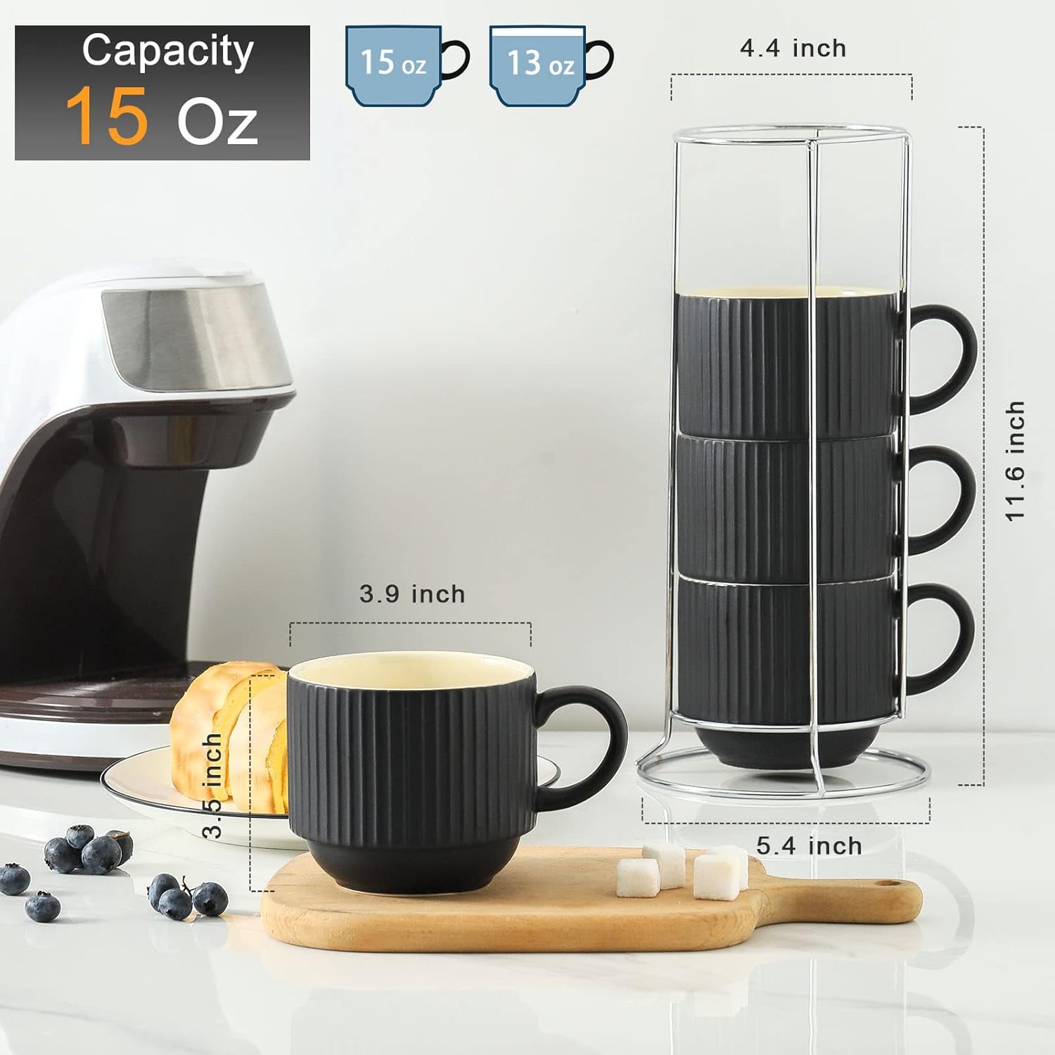 Coffee Mug Ceramic Set of 4 with Stand - 15 oz Stackable Large Porcelain Ribbed Latte Cup Set for Cappuccino, Tea, Hot Cocoa, Drinks - Dishwasher & Microwave Safe, Black