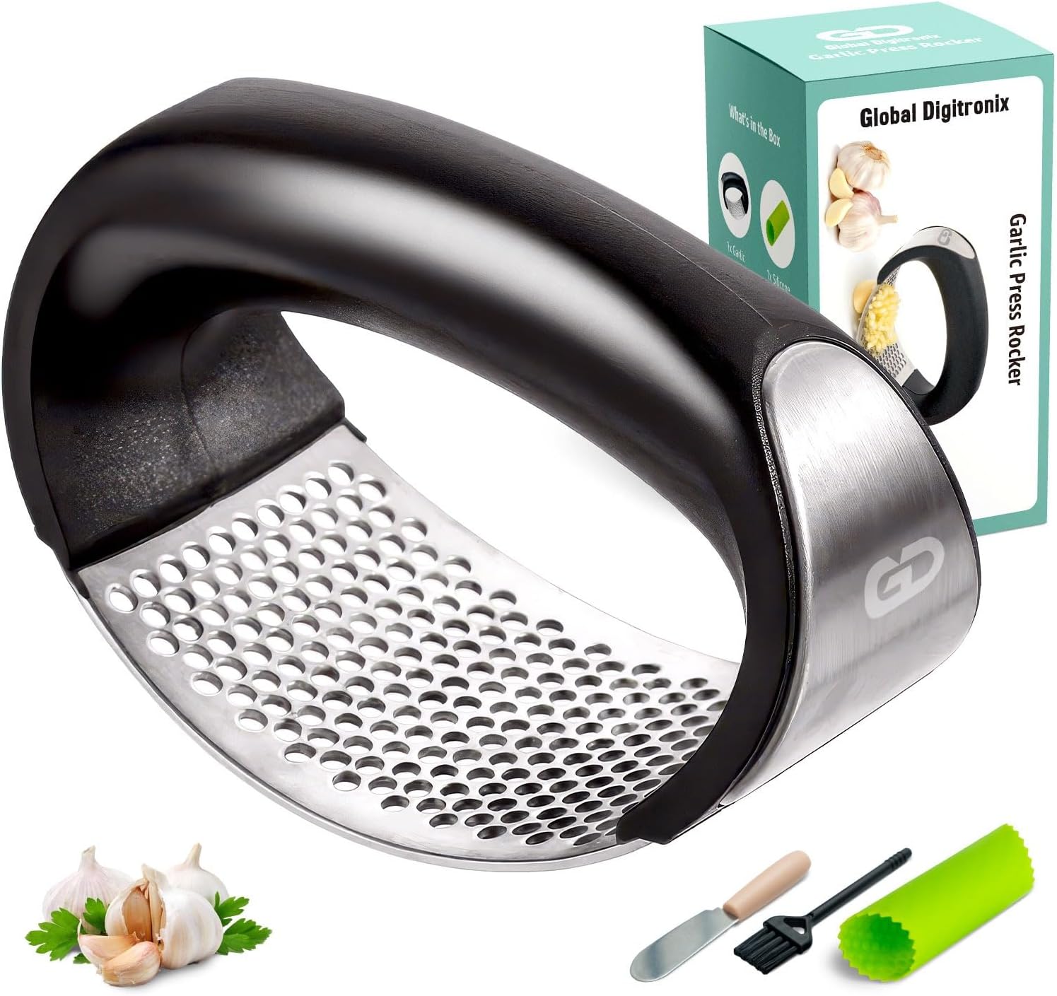 Garlic press rocker, crusher, mincer tool stainless steel with a Garlic Peeler, spatula, and Brush extract more Garlic Paste. The Garlic Mincer Tool Squeezes, Extracts, Crushes