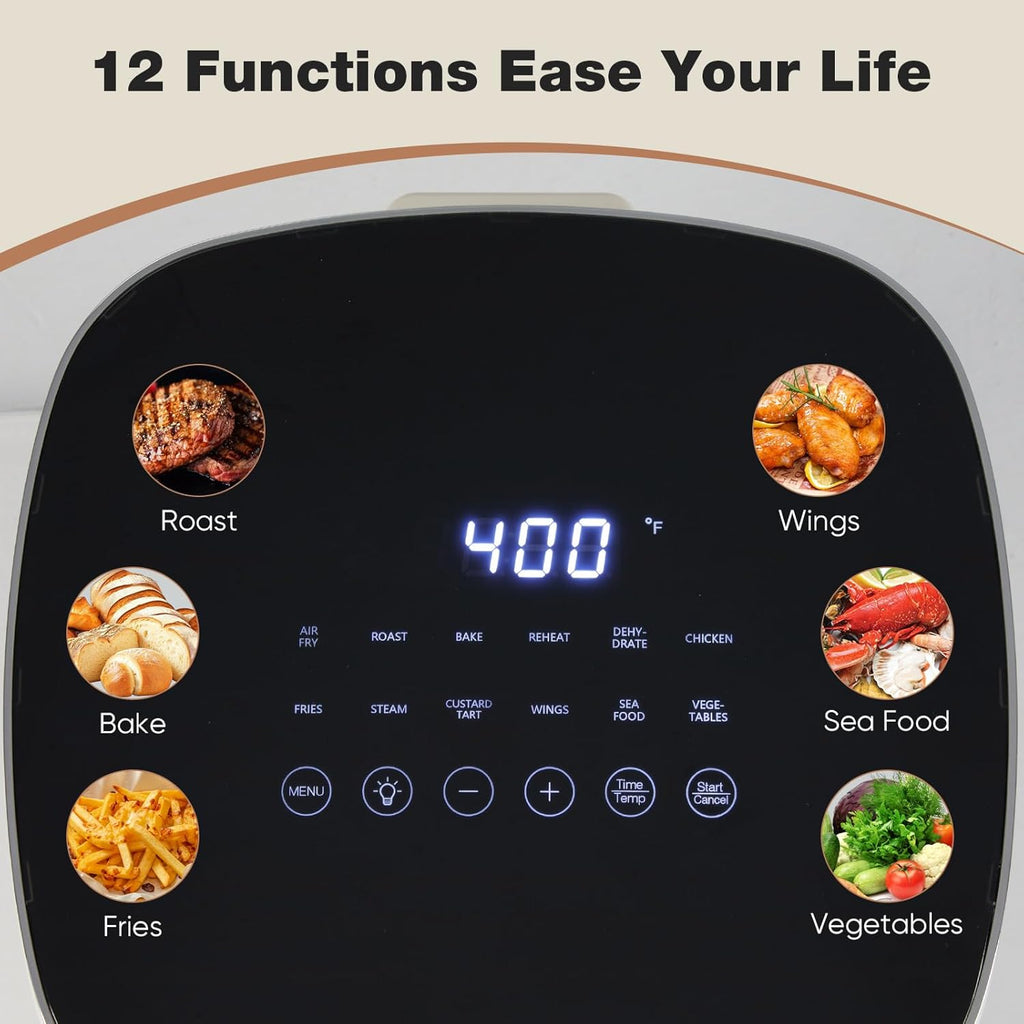 Air Fryer 6 Quart with Window Square Air Fryer 12-in-1 Air Fry, Roast, Reheat, Dehydrate, Bake, Steam, Fries, Custard, Chicken, Wings, Sea Food, Vegetabels,400F